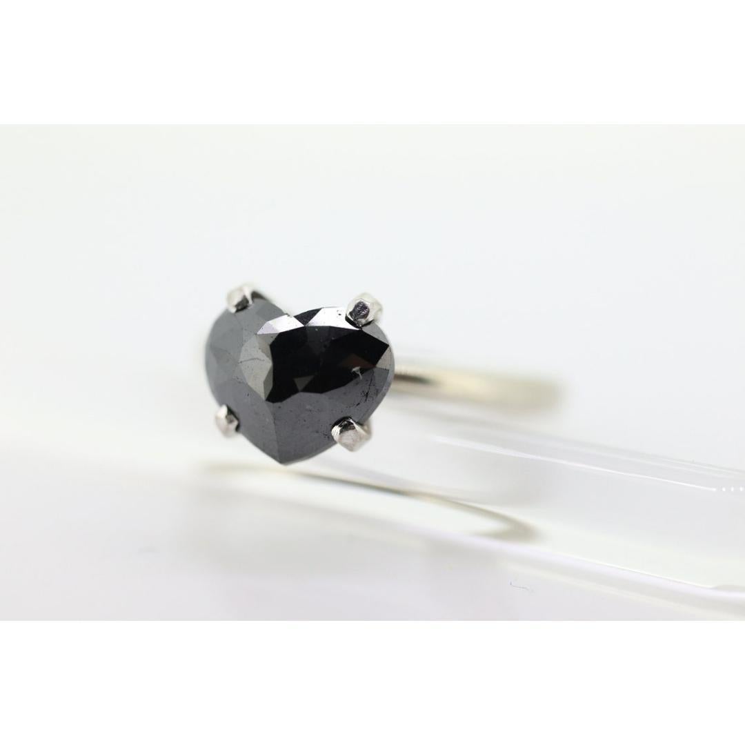 14k Heart Diamond Cut Solitaire ring. 14k white gold Heart Cut BLACK diamond. For Sale 1