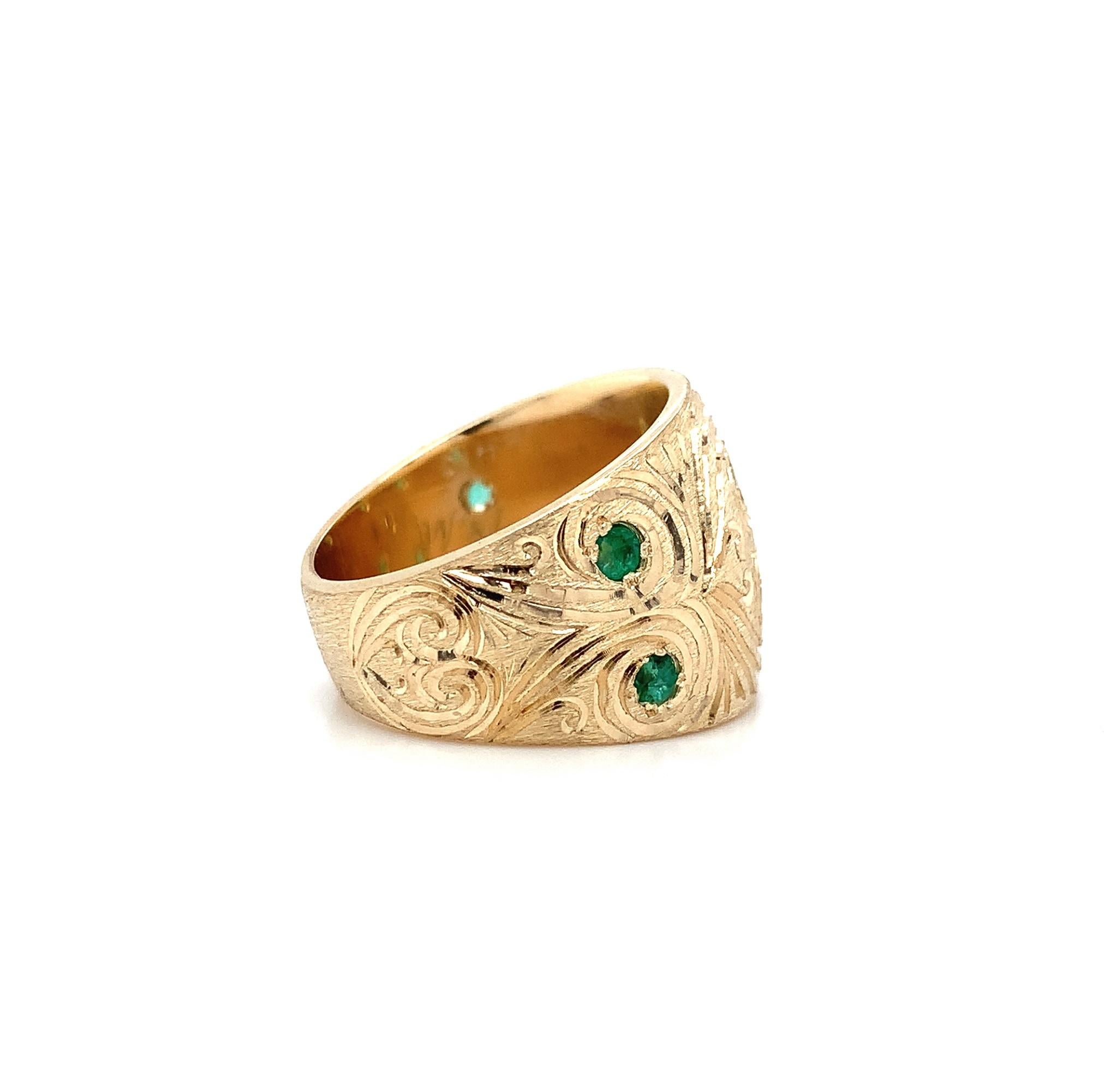 Modern 14K heavy Emerald and Diamond Cigar Band Ring