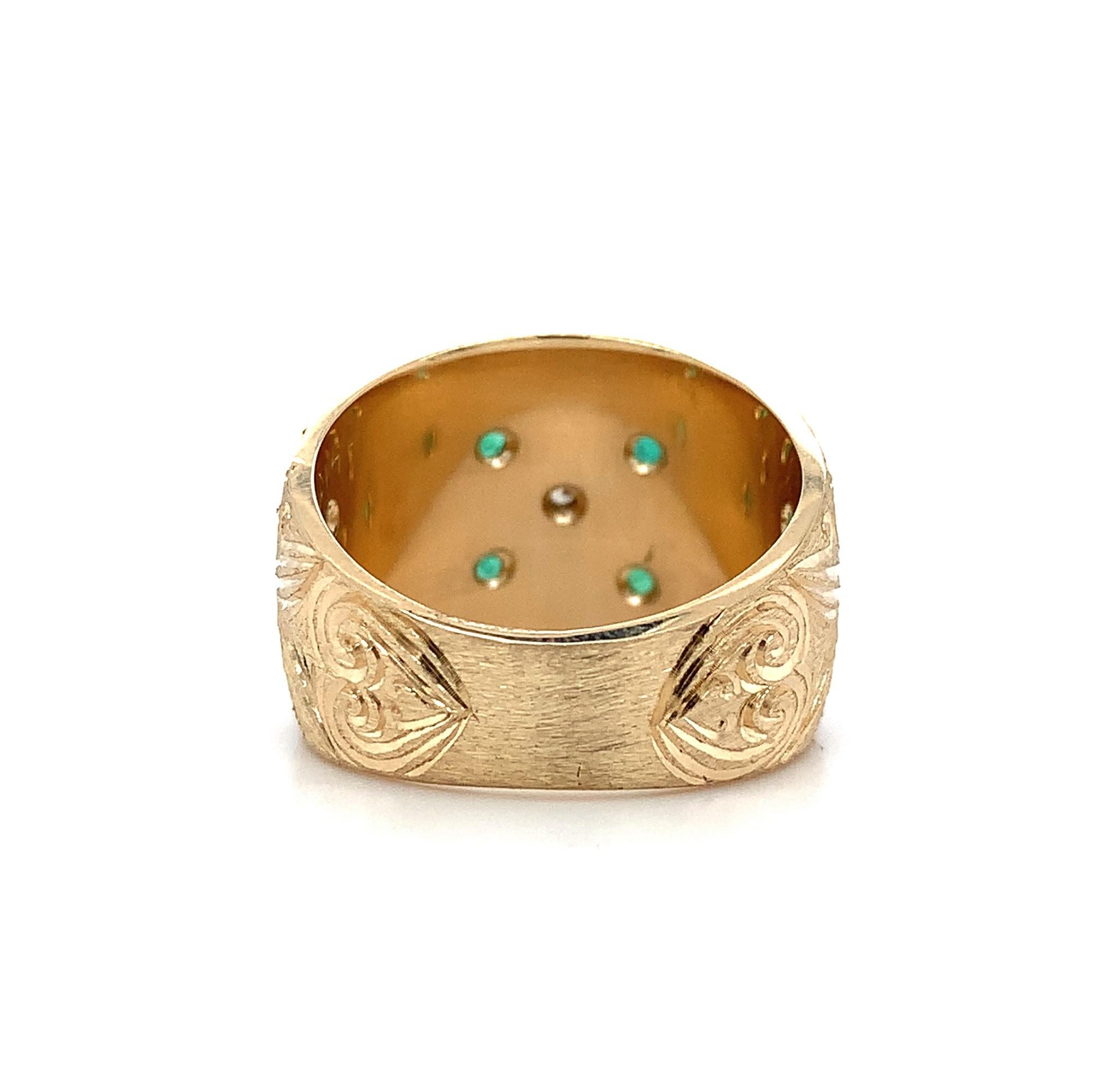 Brilliant Cut 14K heavy Emerald and Diamond Cigar Band Ring