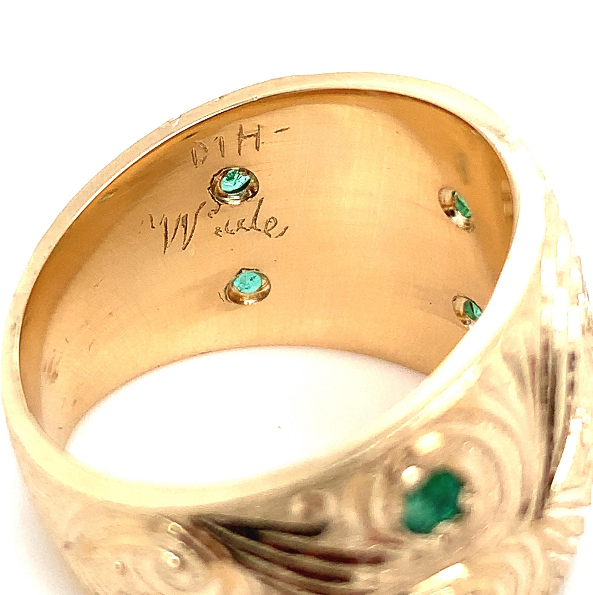 14K heavy Emerald and Diamond Cigar Band Ring In New Condition In Big Bend, WI