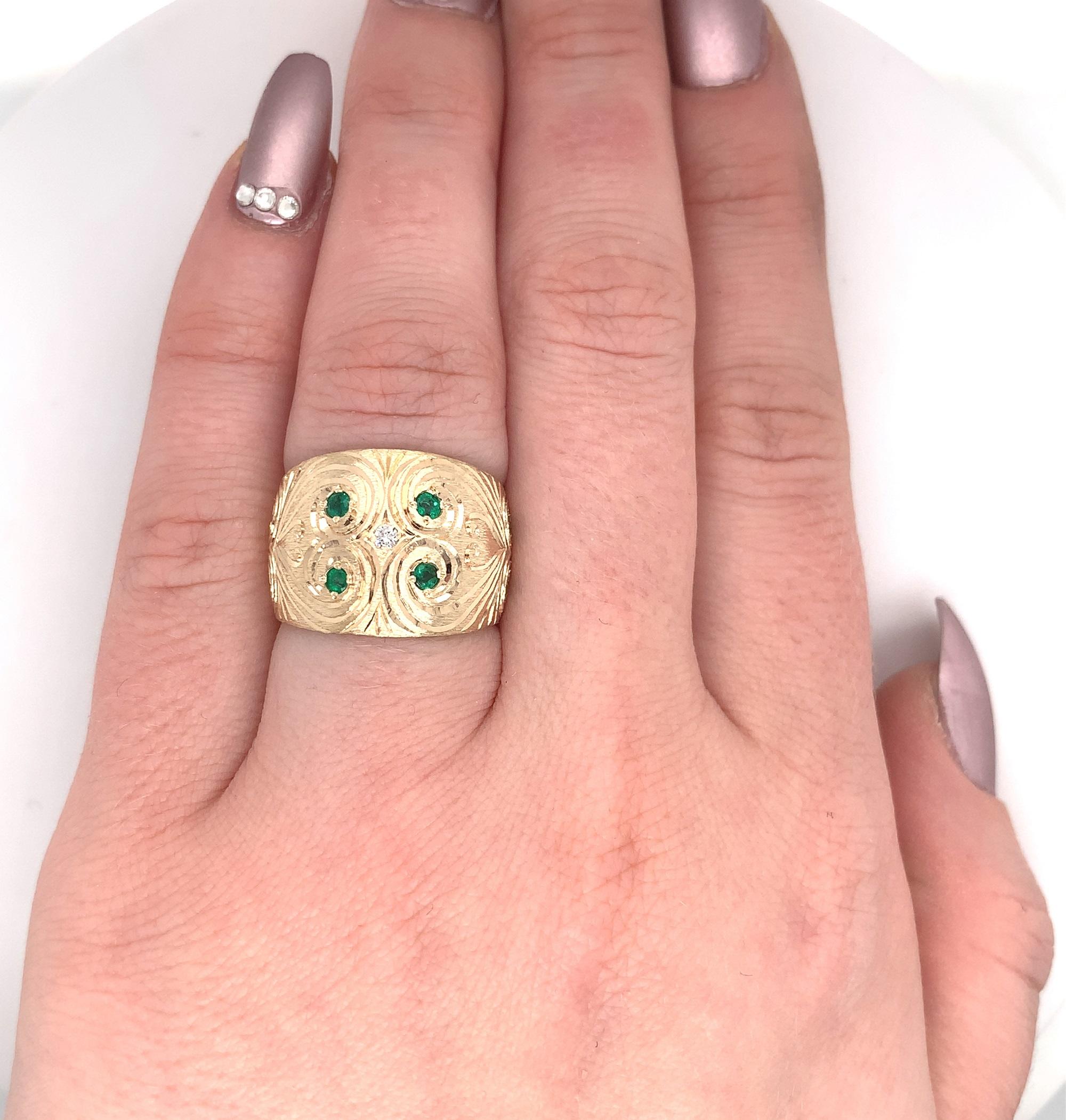 Women's or Men's 14K heavy Emerald and Diamond Cigar Band Ring