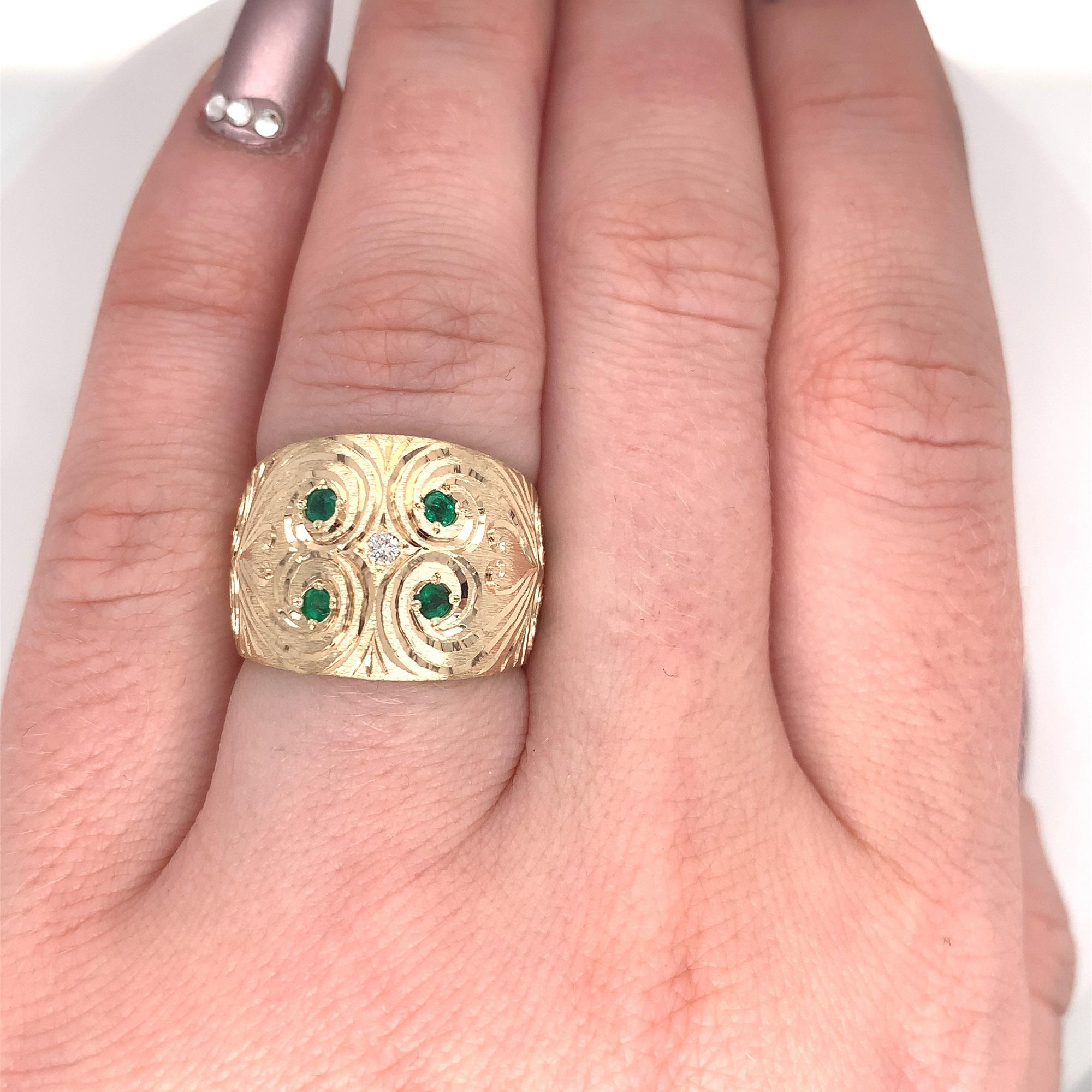 14K heavy Emerald and Diamond Cigar Band Ring 1