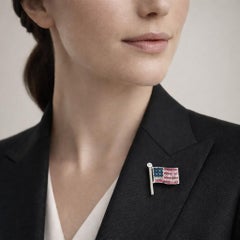 14K Heavy Gold American Flag Brooch with Ruby, Sapphire & Diamond