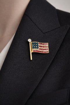 14K Heavy Gold American Flag Brooch with Ruby, Sapphire & Diamond