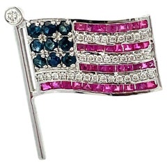 14K Heavy Gold American Flag Brooch with Ruby, Sapphire & Diamond