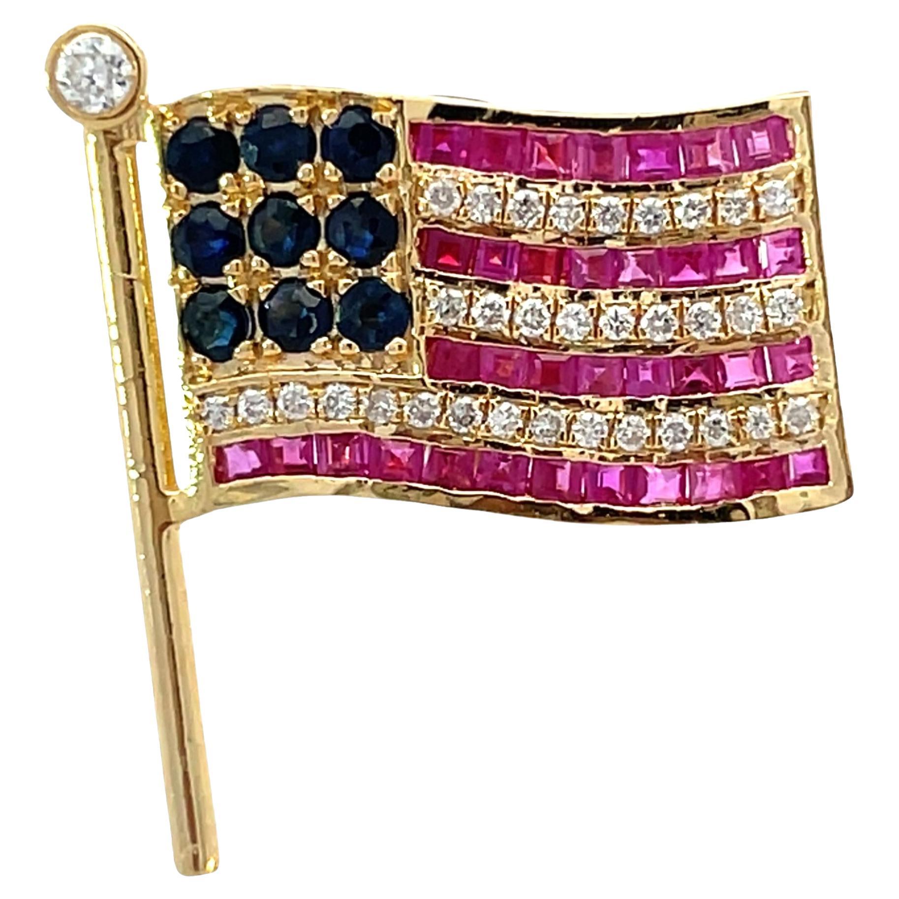 14K Heavy Gold American Flag Brooch with Ruby, Sapphire & Diamond