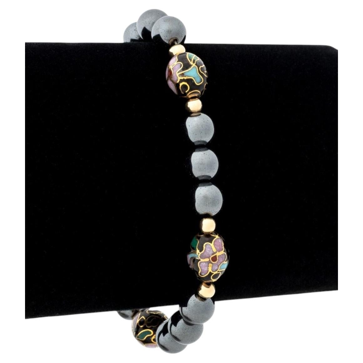 14K Yellow Gold Hematite and Onyx Bead Bracelet, 19th Century
