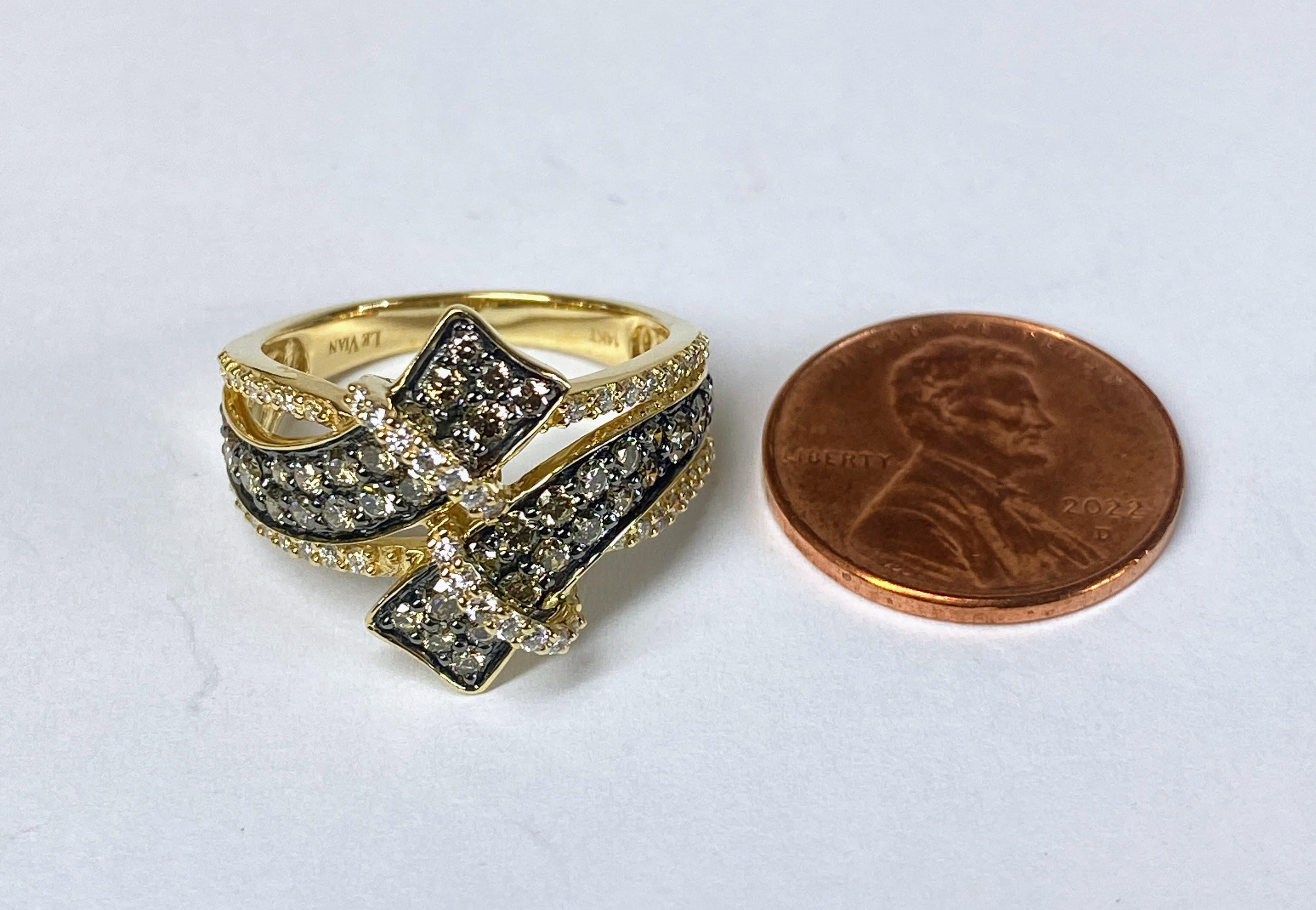 Brilliant Cut 14K Honey Gold LeVian 1.19 Carat Chocolate Diamond Bypass Ribbon Ring For Sale