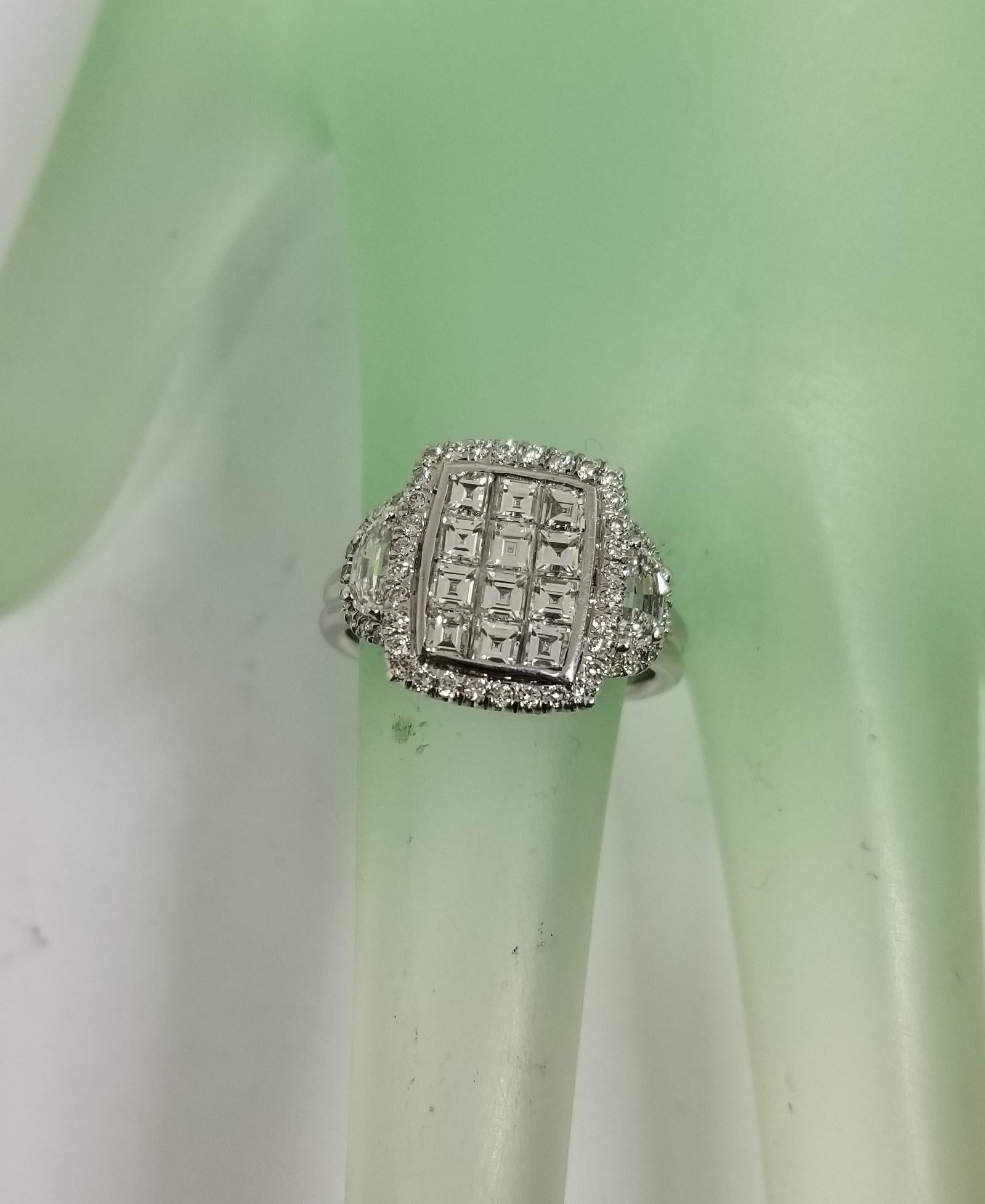 14K Invisible Set Asscher Cut with 2 Half Moon Cut Diamonds Set in 3-Stone Style In New Condition In Los Angeles, CA