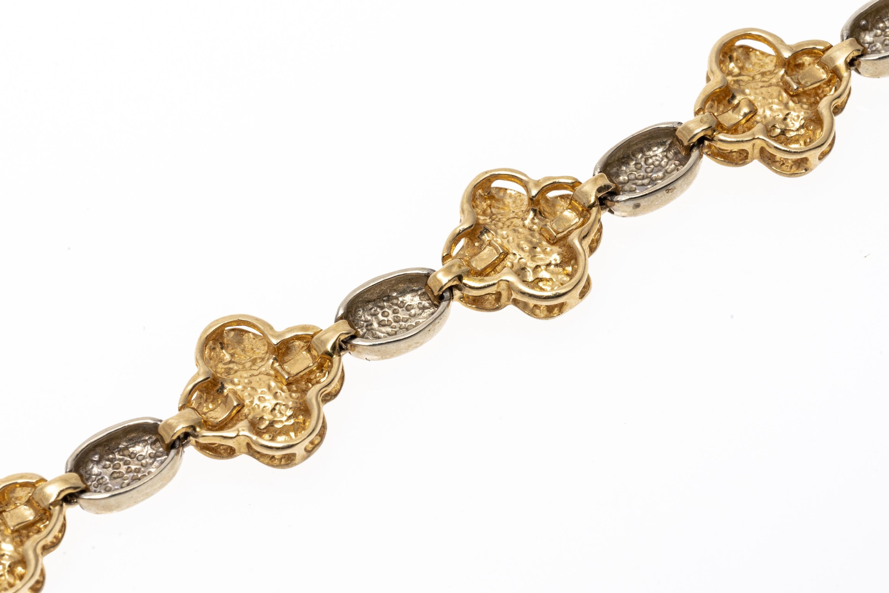 14K Yellow and White Gold Brushed and Polished Flower Link Bracelet In Good Condition For Sale In Southport, CT