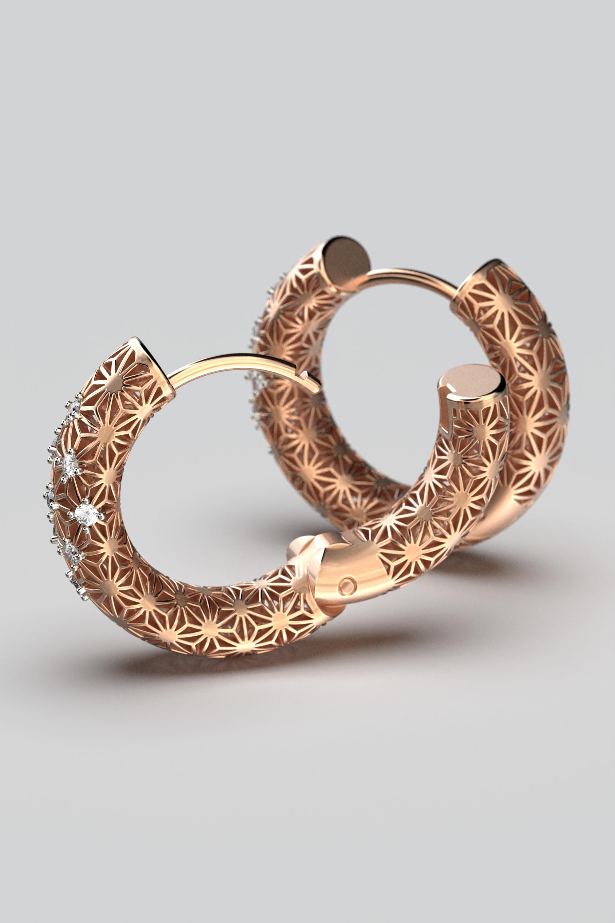  14K Italian Gold Diamond Hoop Earrings - Sashiko Pattern - Oltremare Gioielli For Sale 5