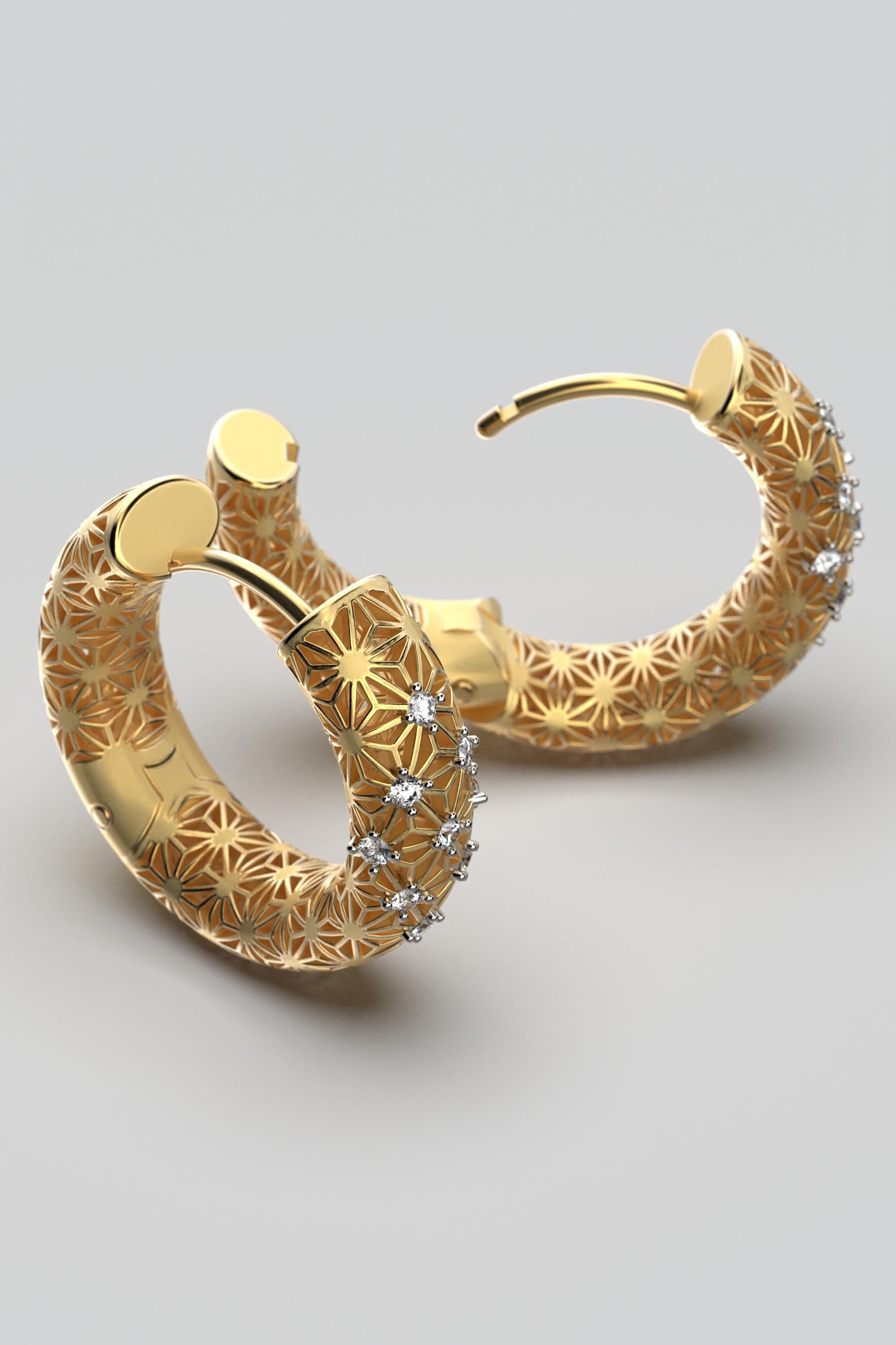  14K Italian Gold Diamond Hoop Earrings - Sashiko Pattern - Oltremare Gioielli For Sale 6