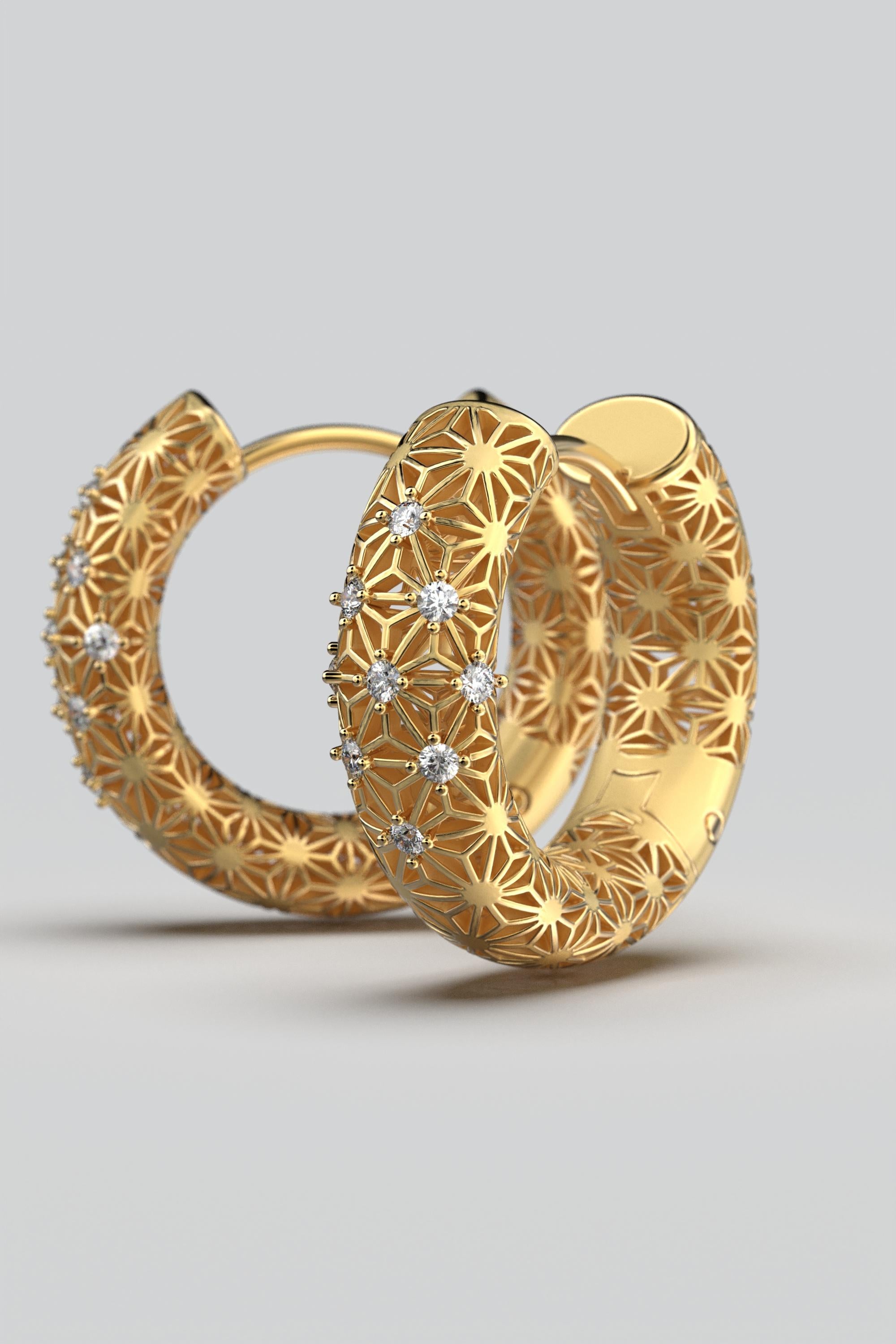 Modern  14K Italian Gold Diamond Hoop Earrings - Sashiko Pattern - Oltremare Gioielli For Sale