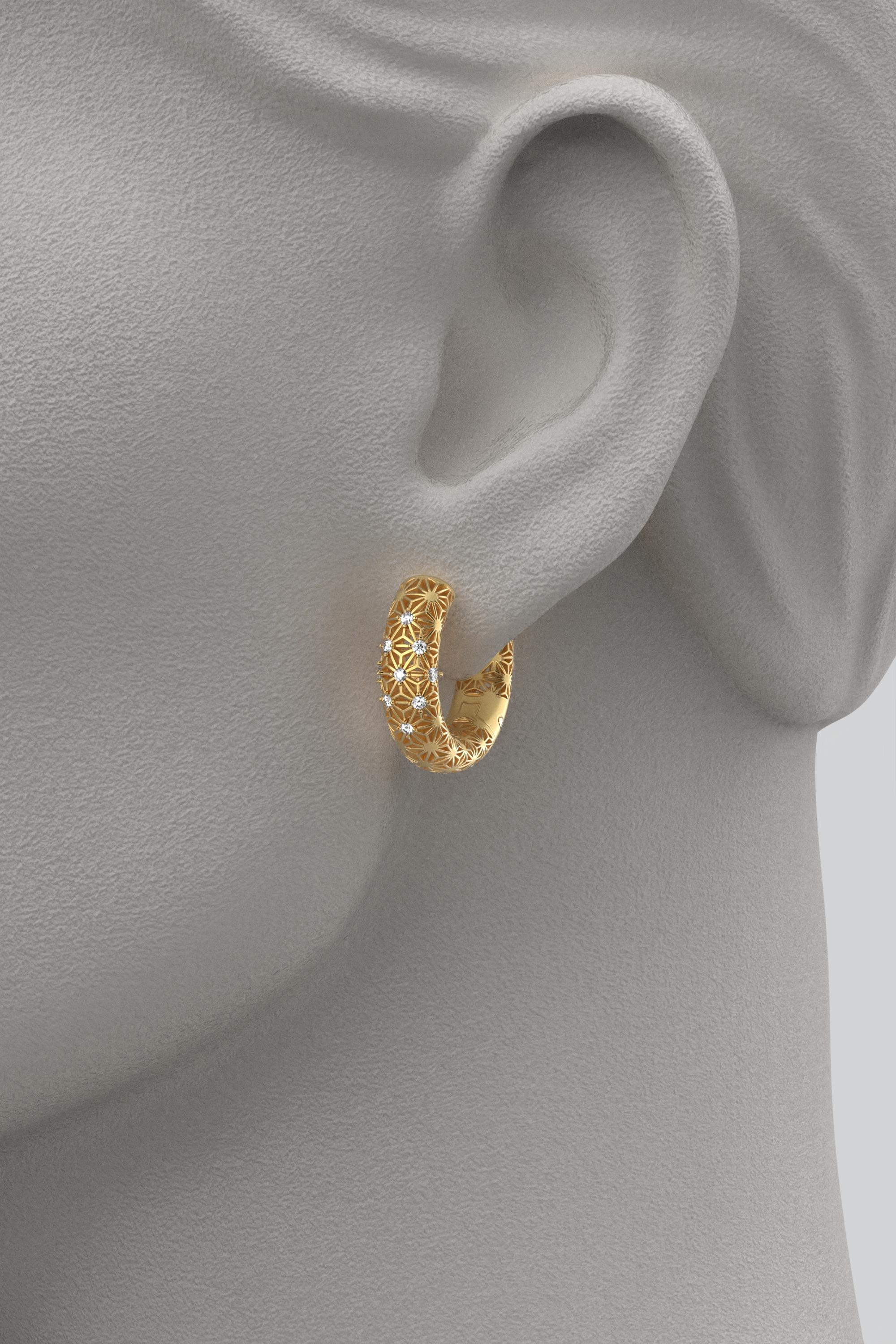 Brilliant Cut  14K Italian Gold Diamond Hoop Earrings - Sashiko Pattern - Oltremare Gioielli For Sale