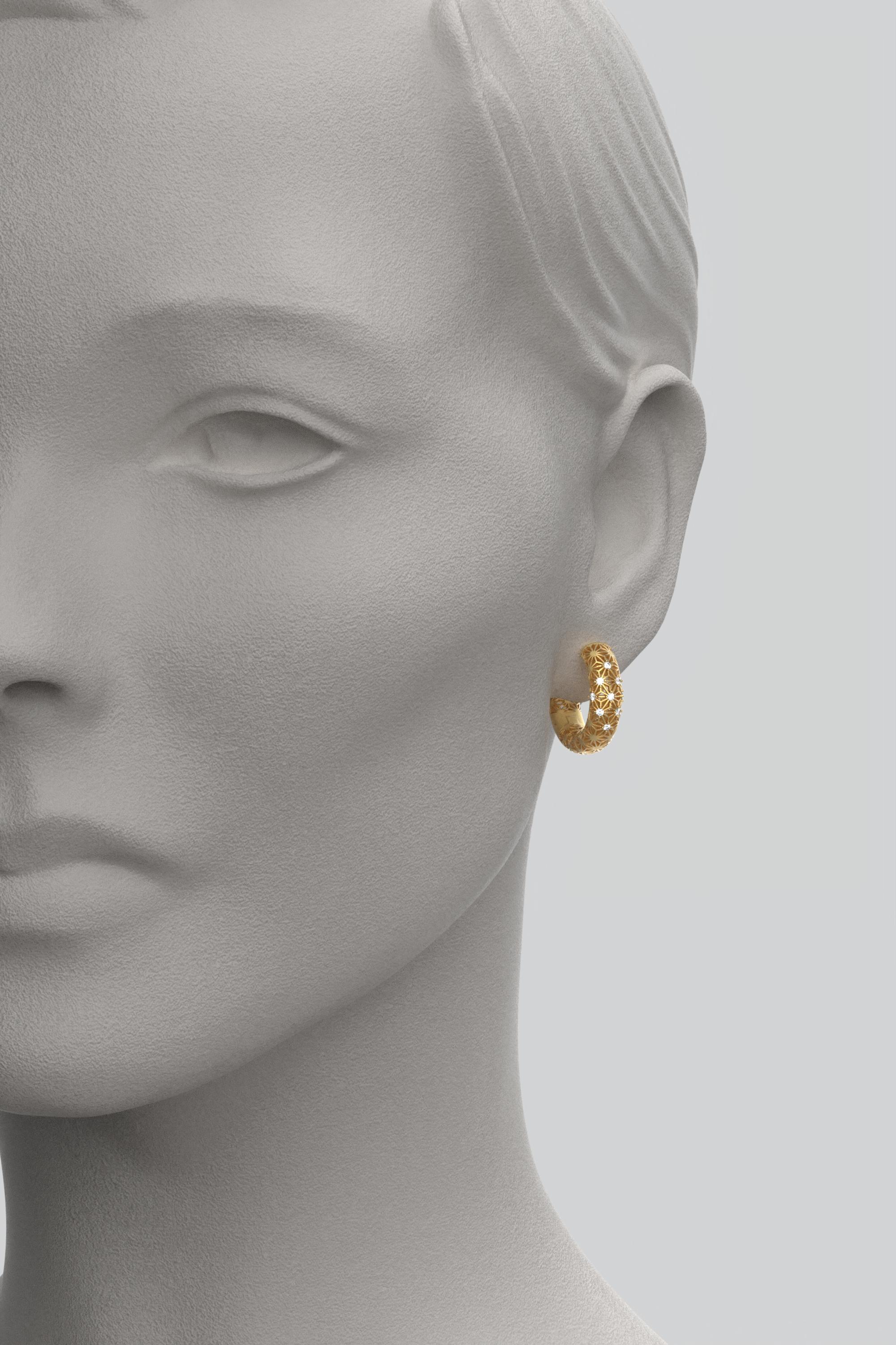  14K Italian Gold Diamond Hoop Earrings - Sashiko Pattern - Oltremare Gioielli In New Condition For Sale In Camisano Vicentino, VI