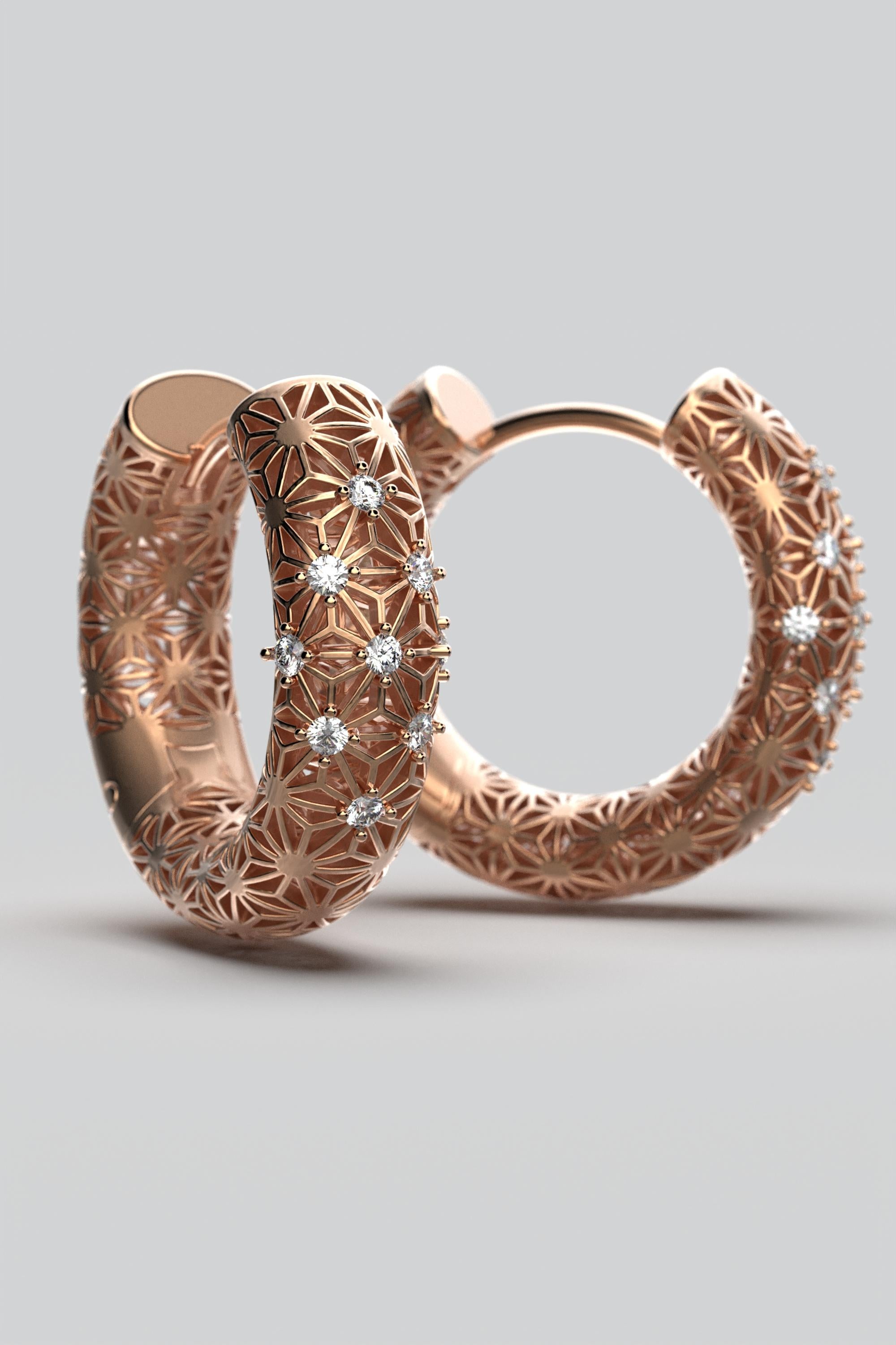  14K Italian Gold Diamond Hoop Earrings - Sashiko Pattern - Oltremare Gioielli For Sale 1