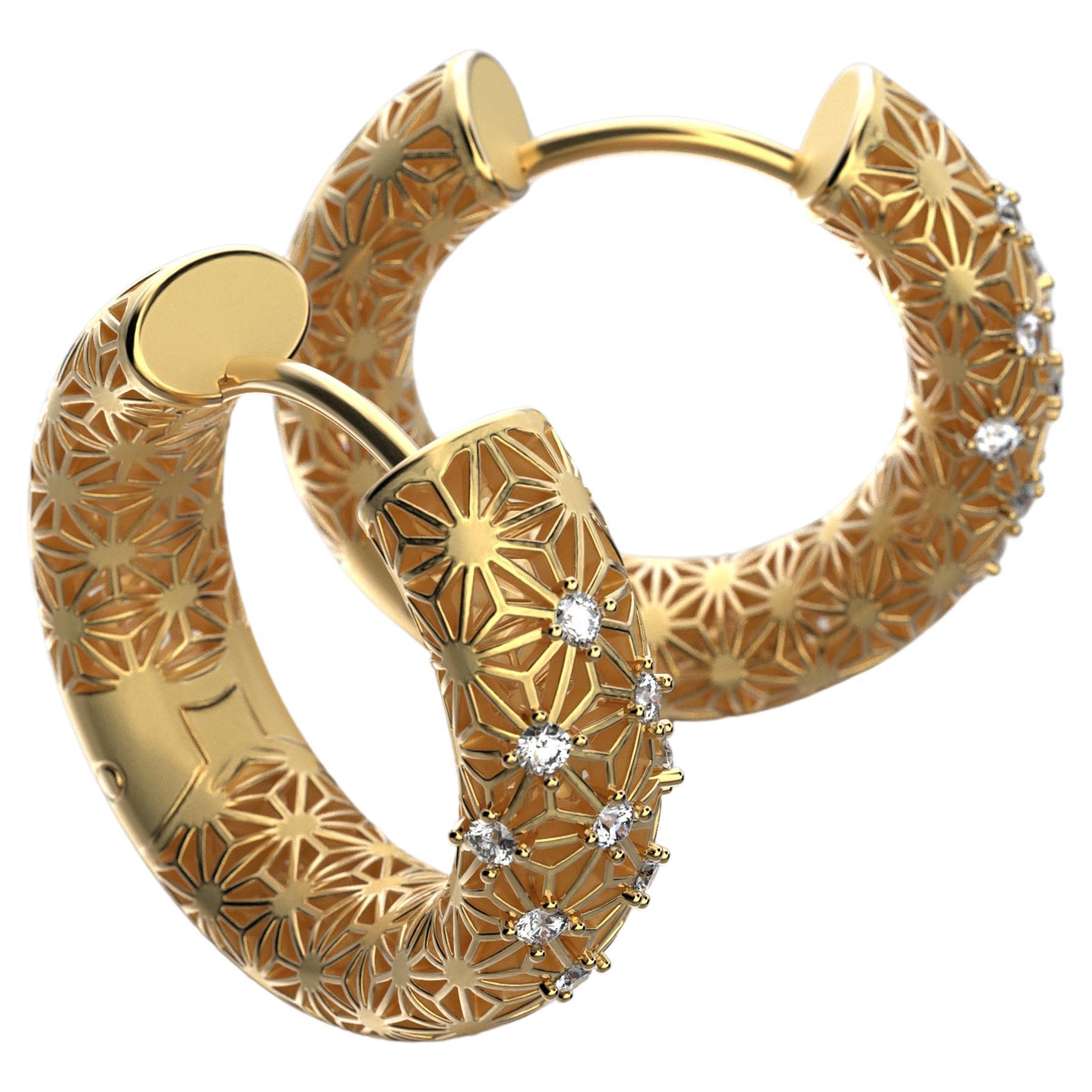  14K Italian Gold Diamond Hoop Earrings - Sashiko Pattern - Oltremare Gioielli For Sale