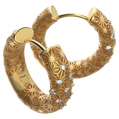  14K Italian Gold Diamond Hoop Earrings - Sashiko Pattern - Oltremare Gioielli