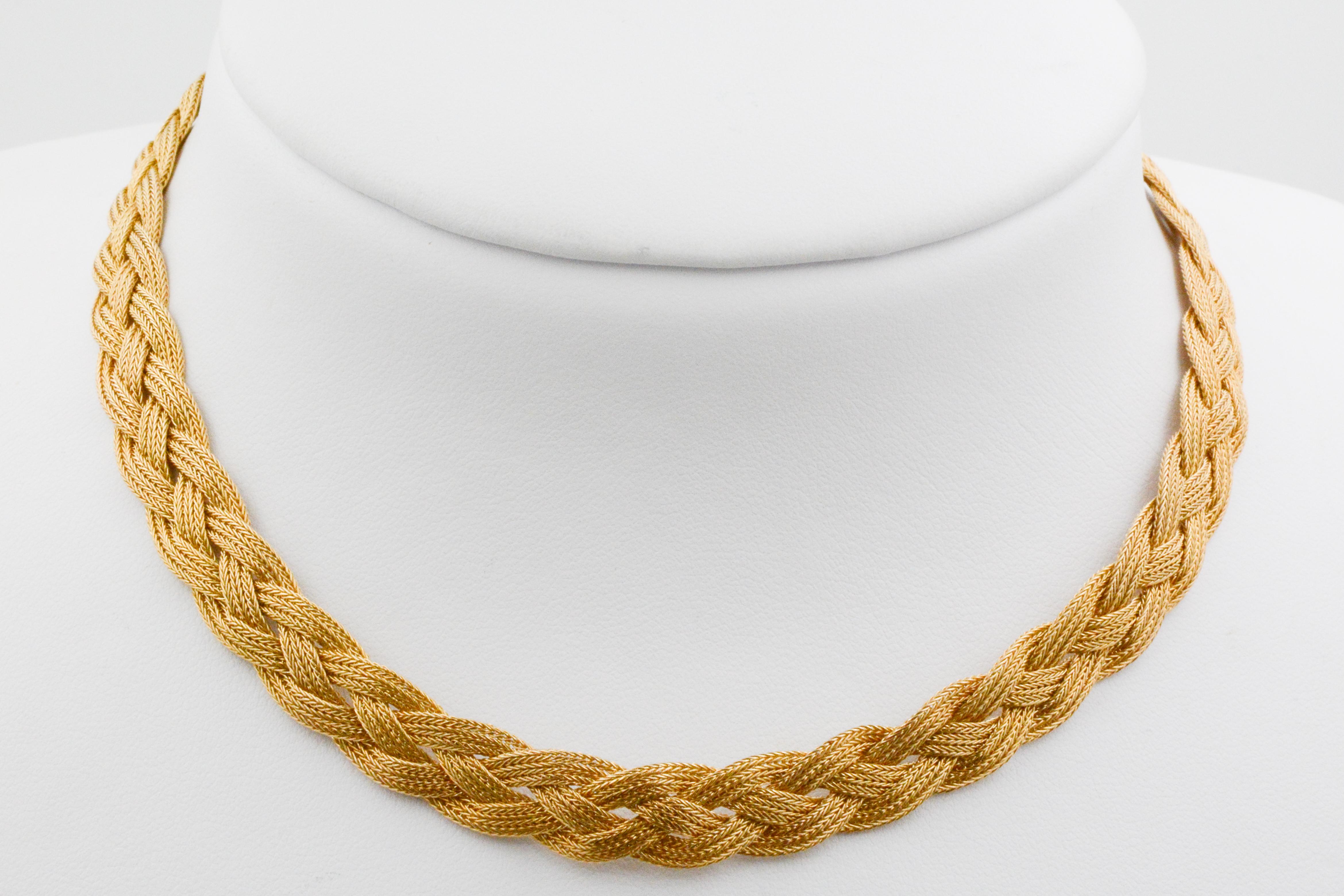 This 14K yellow gold choker necklace is classic and elegant with a beautiful woven braided mesh texture. This simple style encompasses the true meaning of Italy's craftsmanship.  

