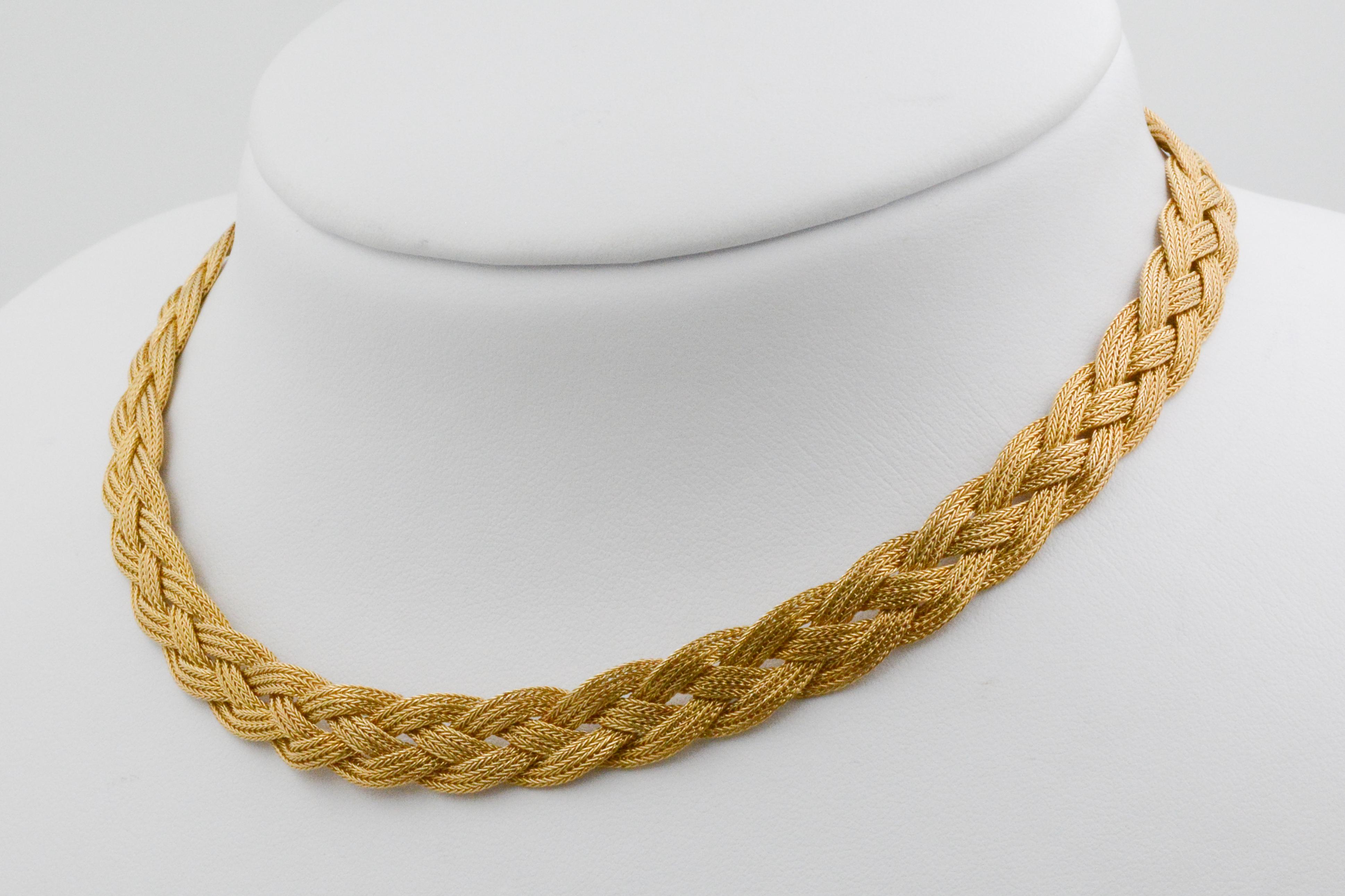 14 Karat Italian Yellow Gold Braided Textured Chocker Necklace In Excellent Condition In Dallas, TX