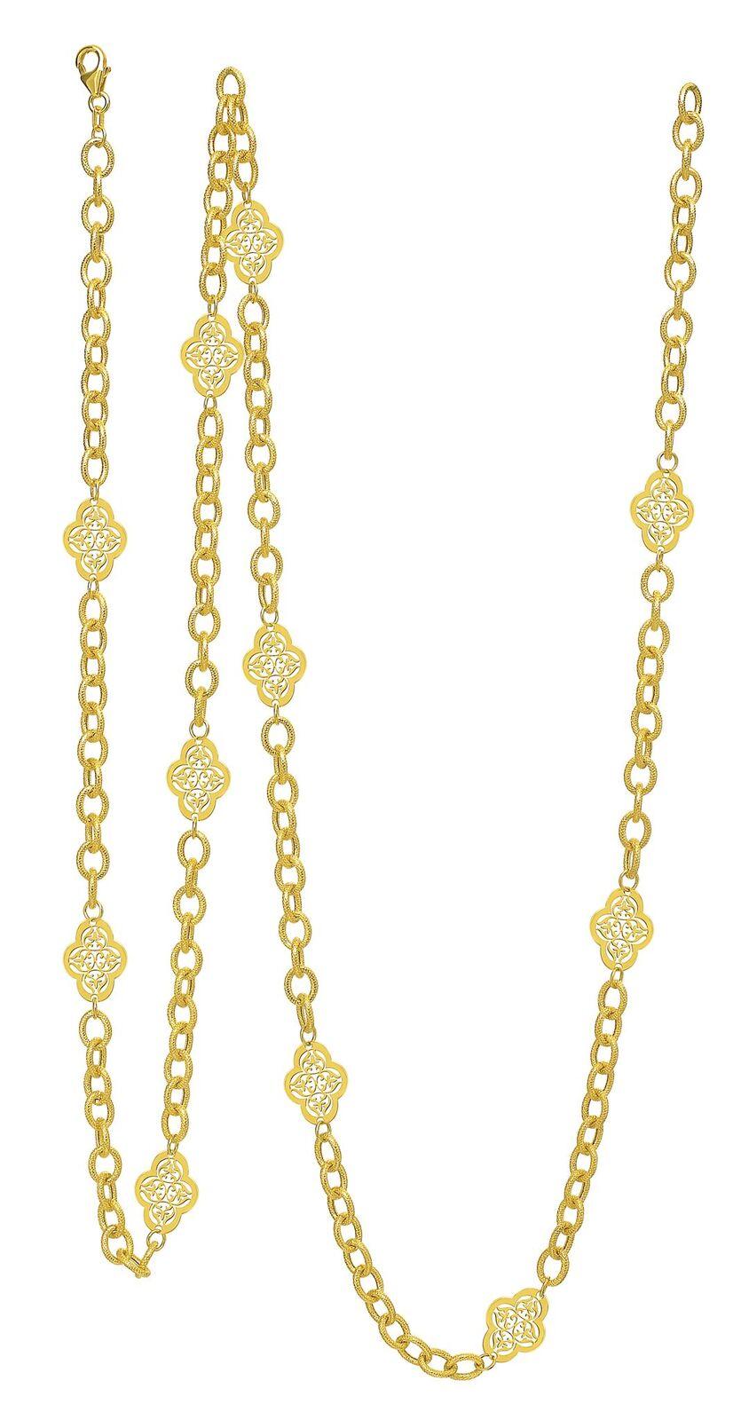 This 14K Italian yellow gold high polish necklace is great for layering and a staple fashion statement. The textured cable necklace with the 11 polished filigree stations gives this piece a vintage look with the classic touch of Italian