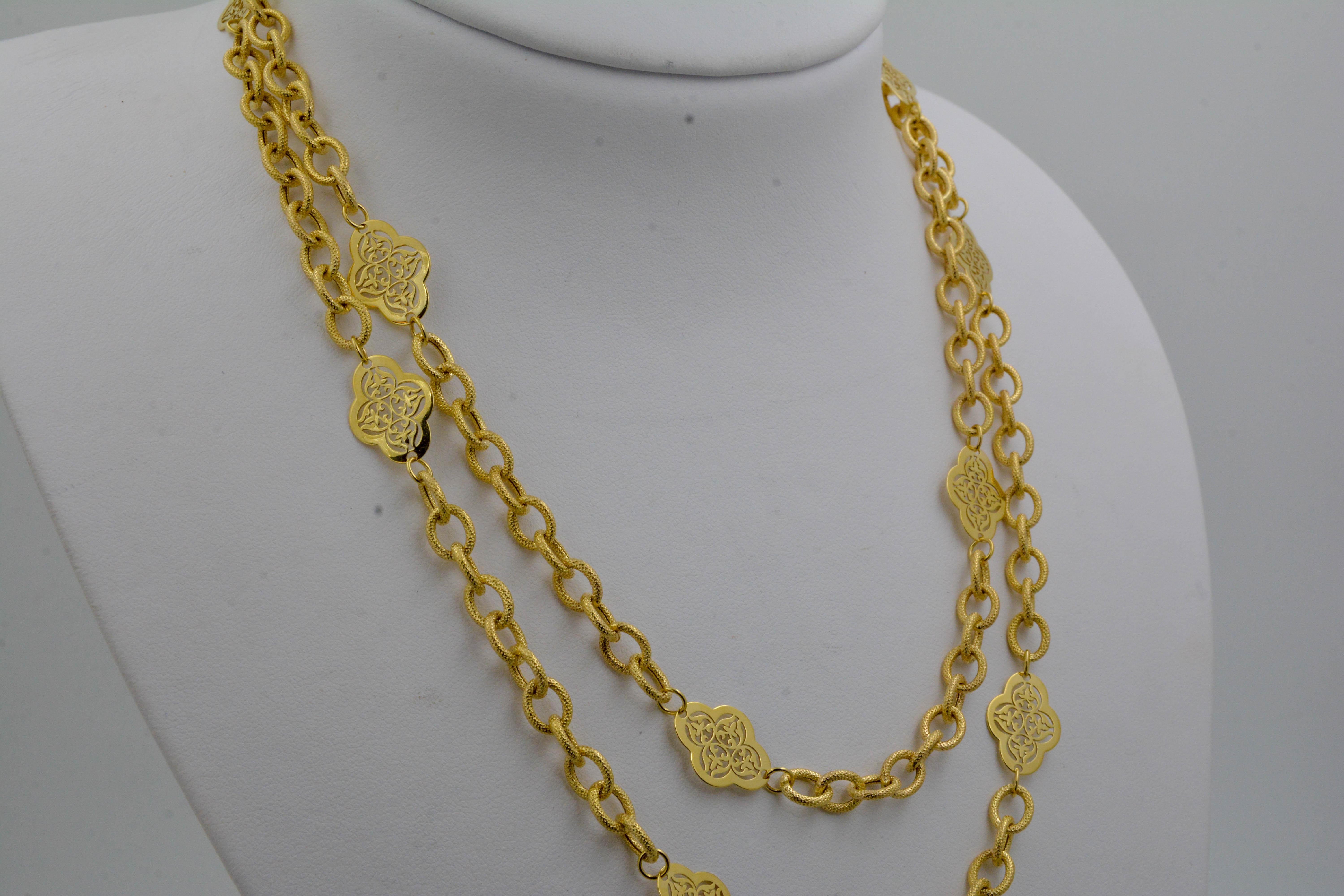 14K Italian Yellow Gold Textured Filigree Station Necklace In Excellent Condition In Dallas, TX