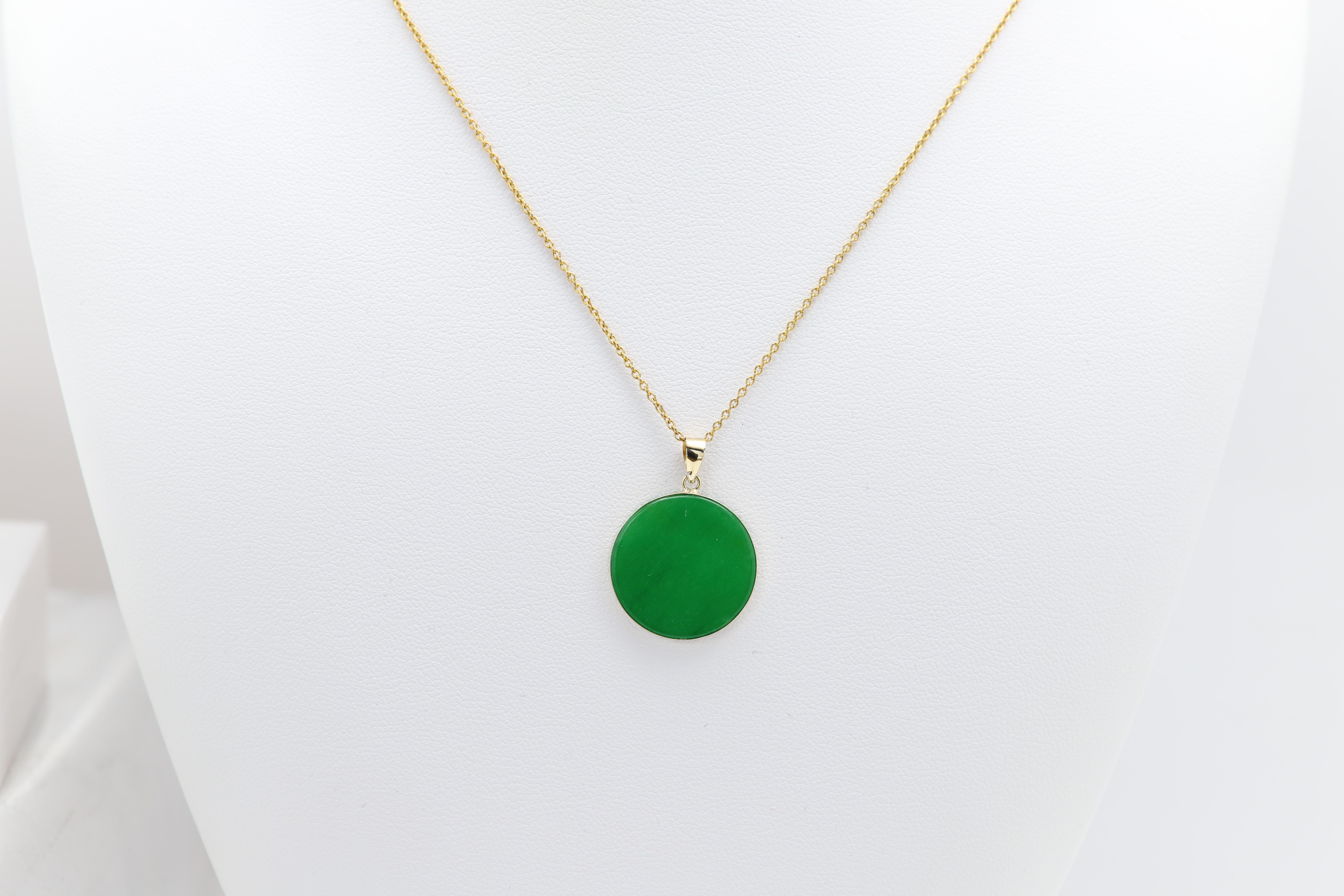 Women's or Men's 14k Jade Disc Pendant Yellow Gold Jade Pendant Jade Necklace For Sale