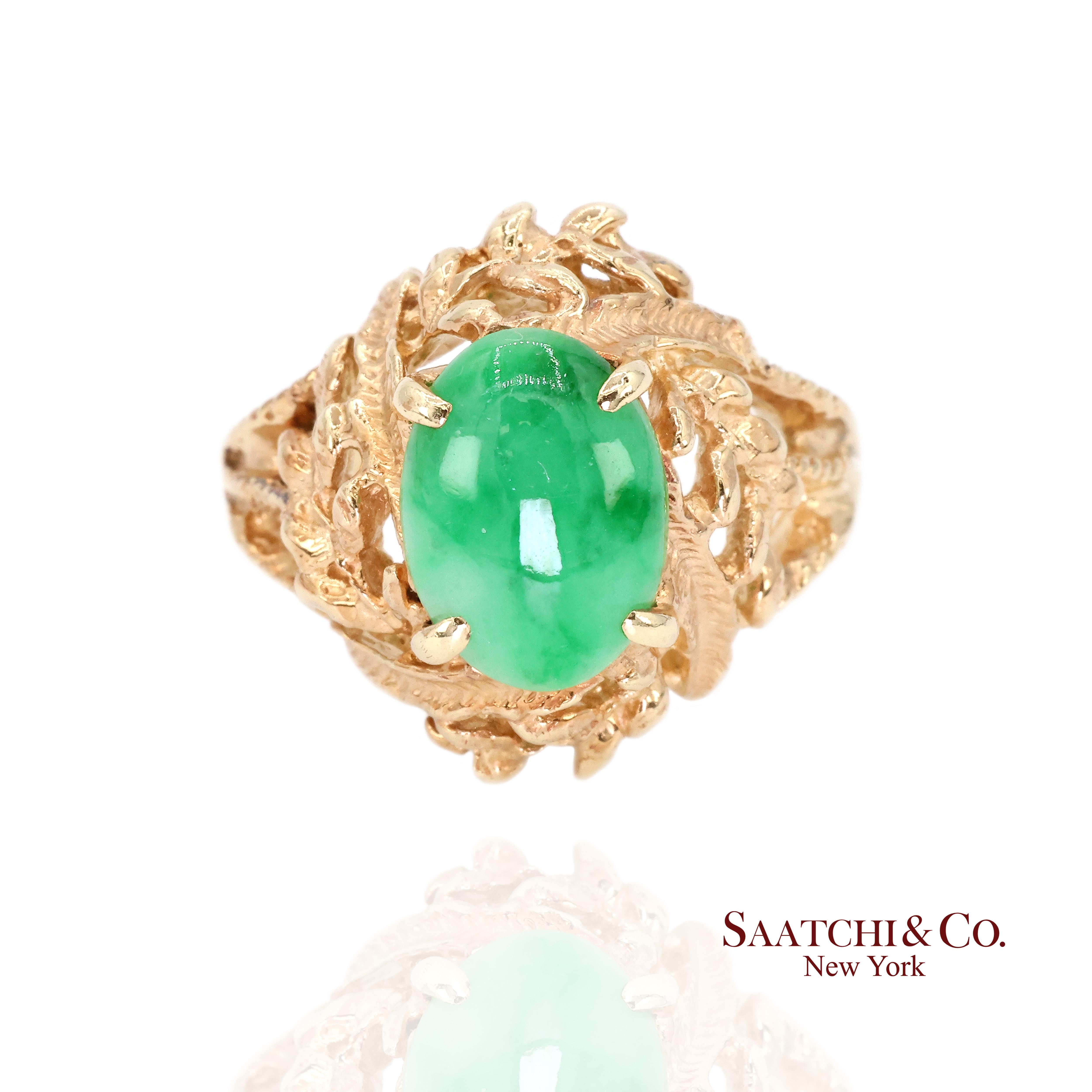 14k Jade Ring Damen Größe 6,25 Vintage Gelbgold Cabochon Style im Angebot 1