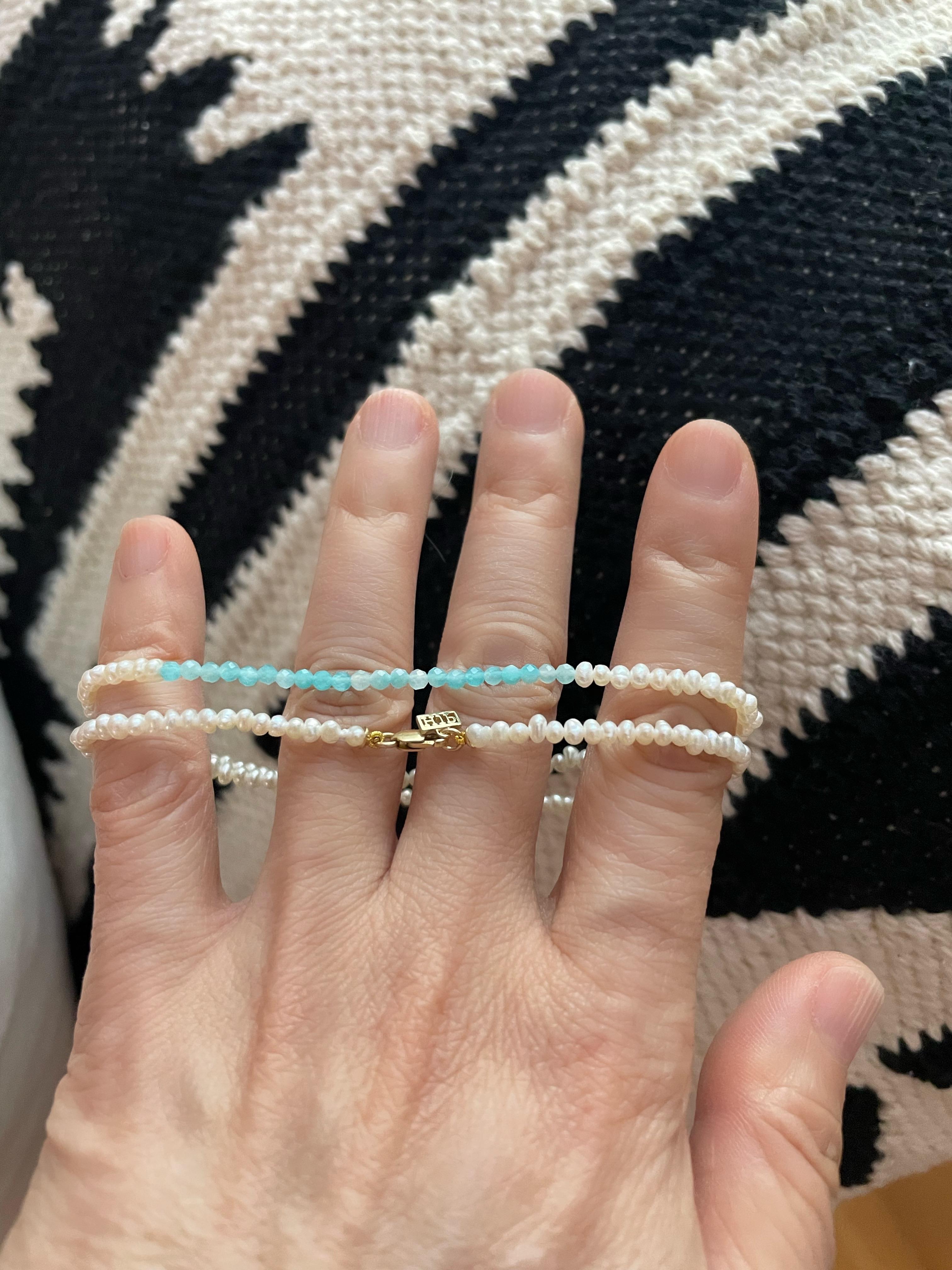 Contemporary 14K Karat Yellow Gold Seedpearl Choker with Amazonite Stones Hi June Parker For Sale