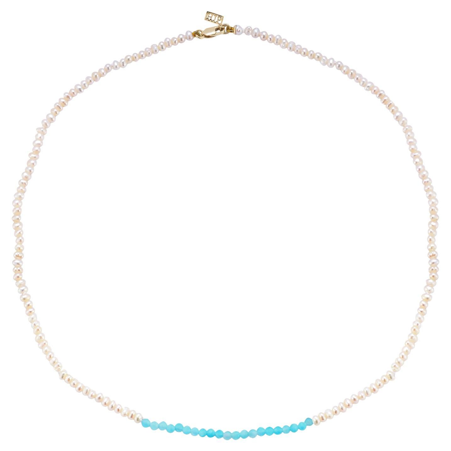 14K Karat Yellow Gold Seedpearl Choker with Amazonite Stones Hi June Parker For Sale