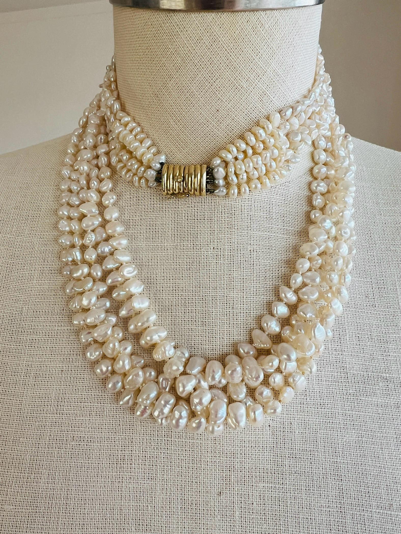 Bead 14k Keishi Freshwater Cultured Pearl Choker 5 Strand Torsade Necklace Earrings For Sale