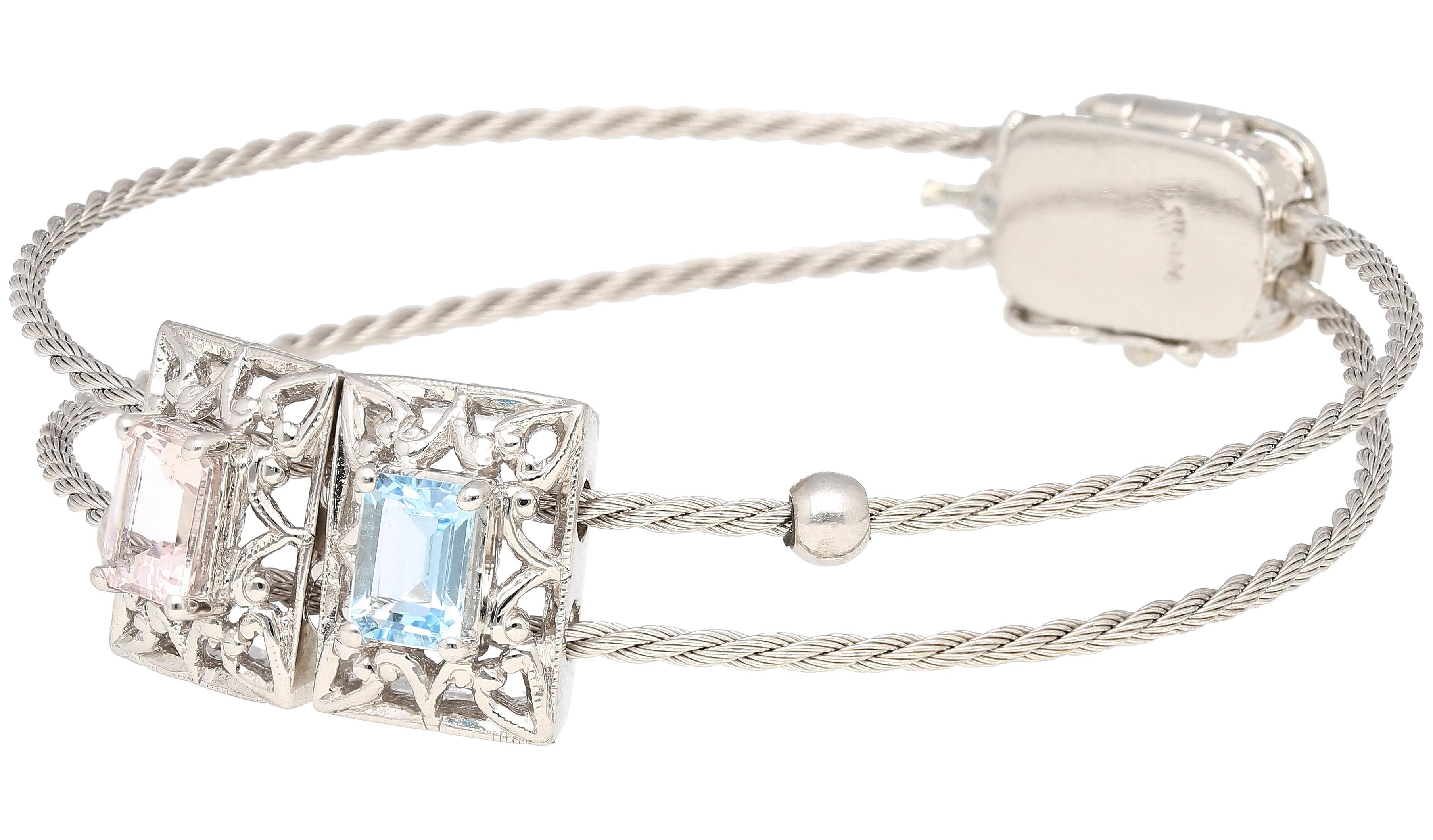 Art Nouveau 14K Kunzite and Aquamarine Vintage Charm Bangle Bracelet For Sale