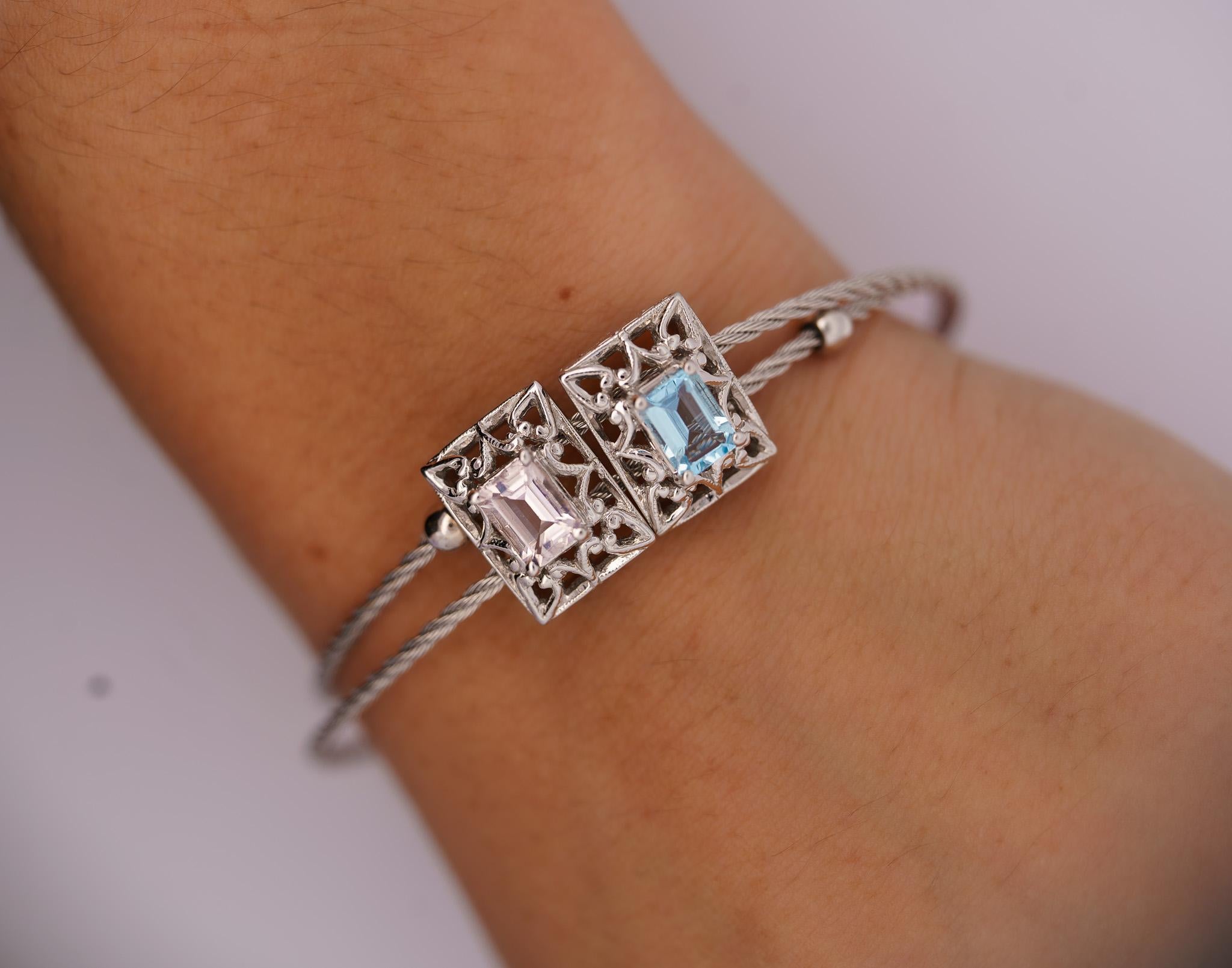 Emerald Cut 14K Kunzite and Aquamarine Vintage Charm Bangle Bracelet For Sale