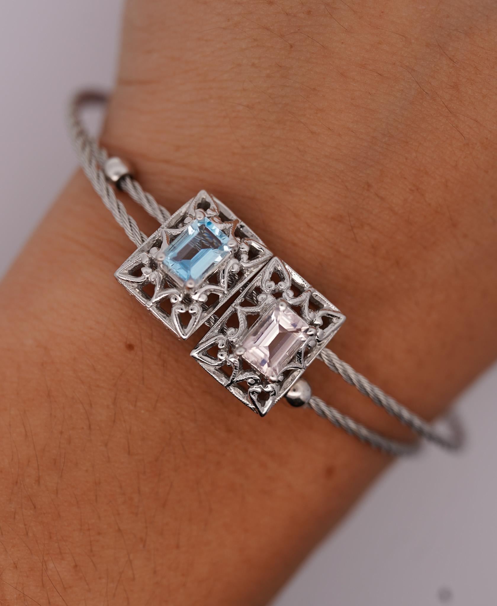 14K Kunzite and Aquamarine Vintage Charm Bangle Bracelet In New Condition For Sale In Miami, FL