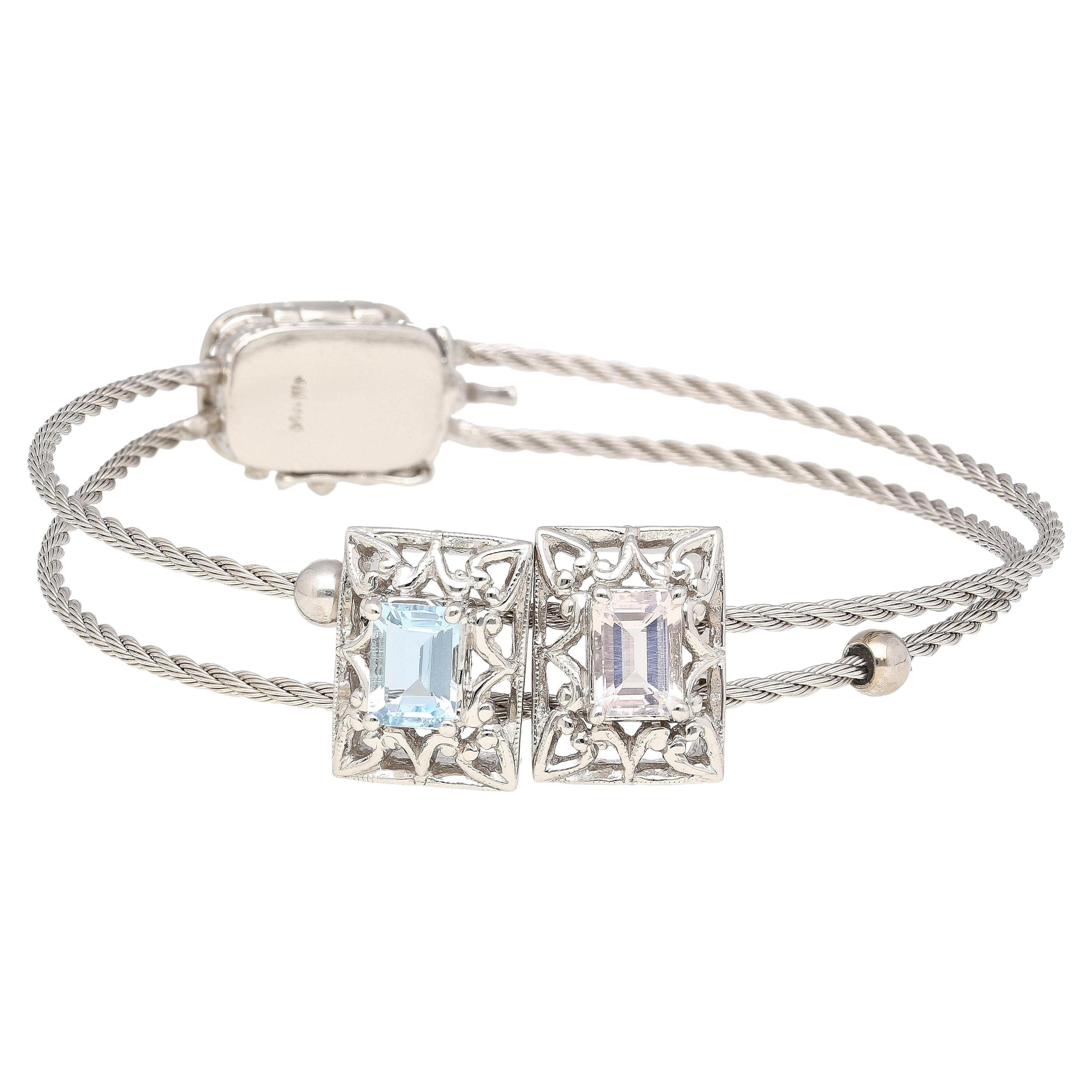14K Kunzite and Aquamarine Vintage Charm Bangle Bracelet For Sale