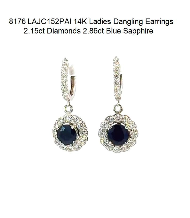 Taglio brillante Orecchini pendenti da donna in 14 carati con zaffiri blu e diamanti in vendita