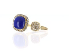 14K Yellow Gold Lapis Lazuli & Diamond Cuff Ring, Modern Design, USA