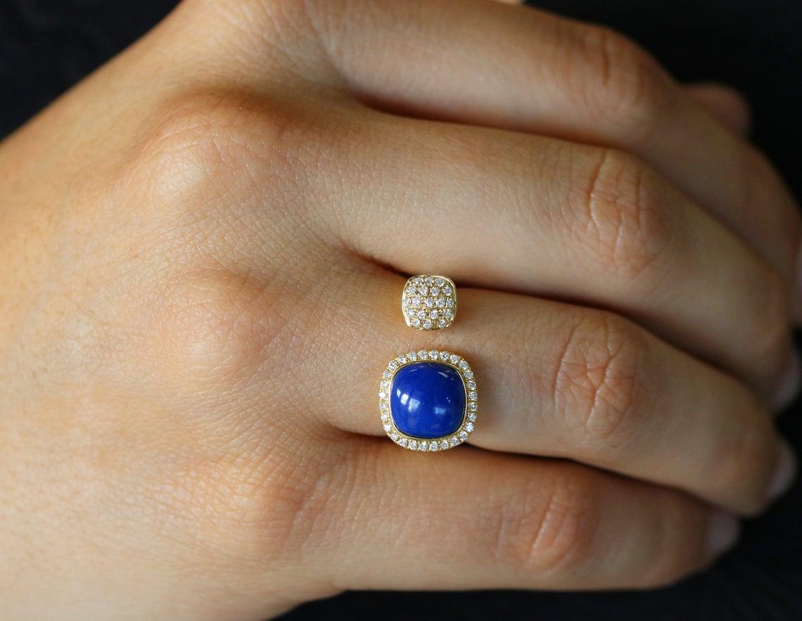 Cushion Cut 14K Lapis Lazuli & Diamond Gold Cuff Ring For Sale
