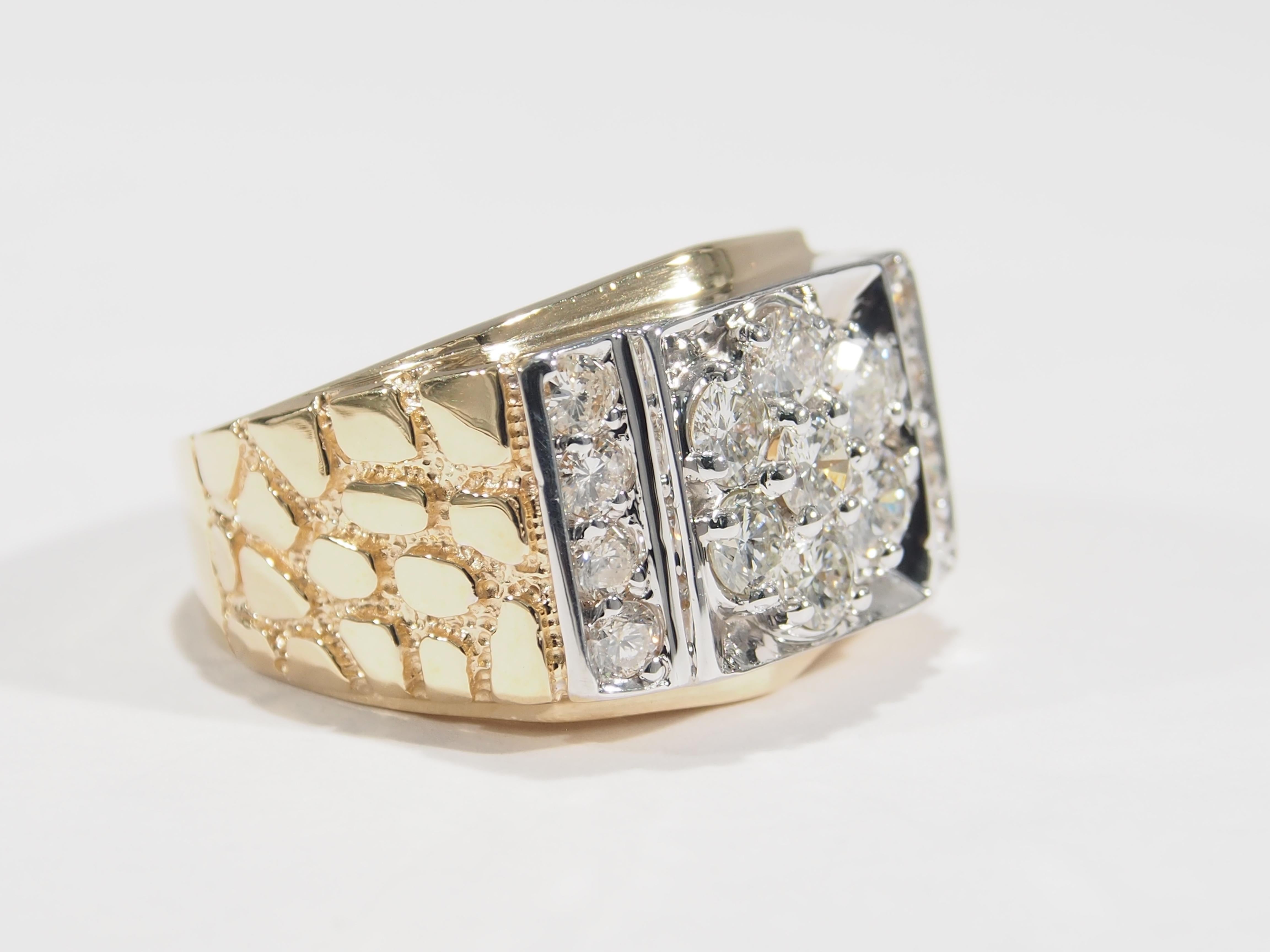 This is a sparkling 14K Yellow Gold Men's Diamond Cluster Ring boldly designed in a classic nugget style with (15) Round Brilliant Cut Diamonds, approximately 1.82ctw, G-I in Color, SI-I1 in Color. A lustrous Ring that is 1/2 inch in width, 3/4 inch
