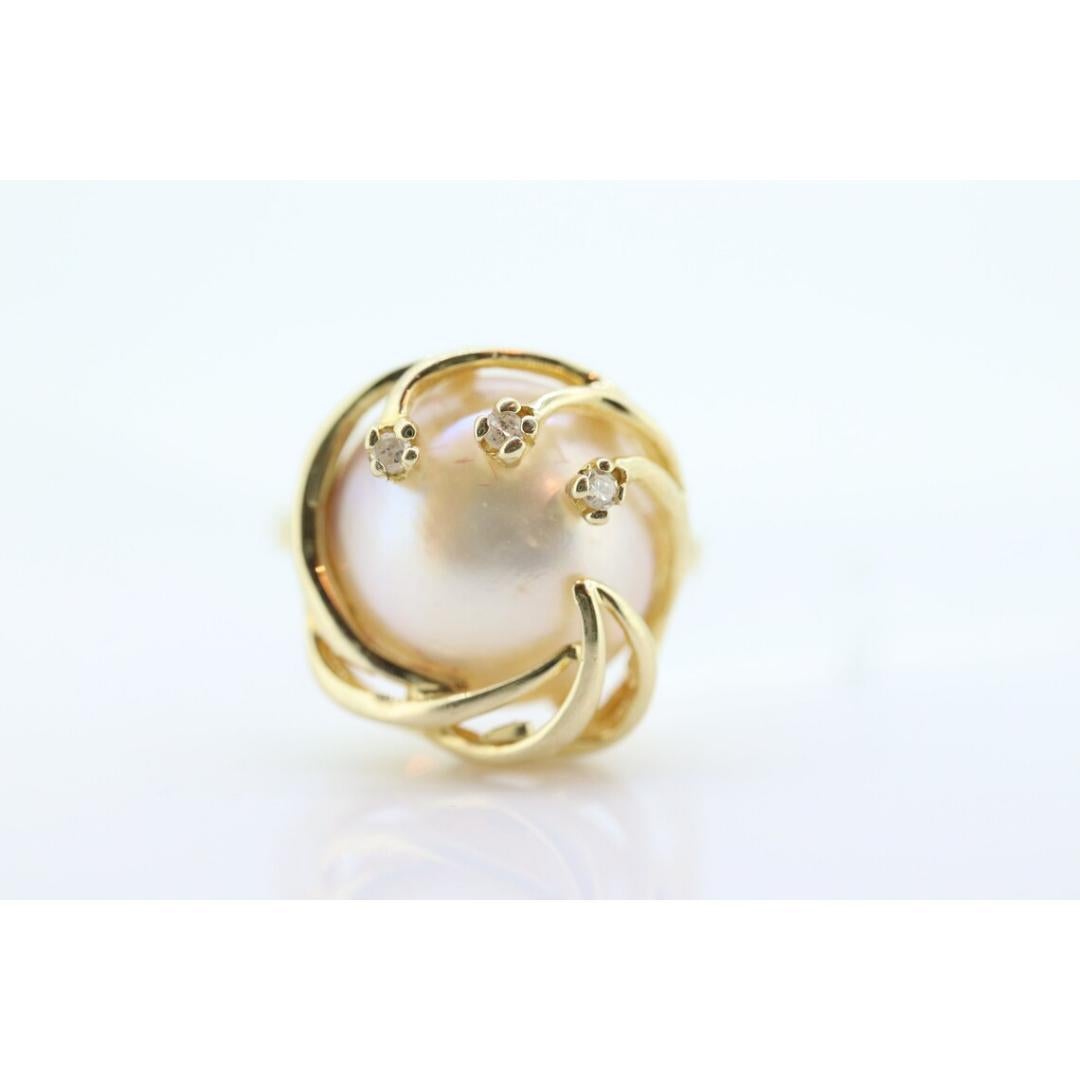 14k Großer Mabe- und Diamantring. Mabe Pearl Solitaire Ring. Mabe Große Perle im Zustand „Gut“ in Port Charlotte, FL