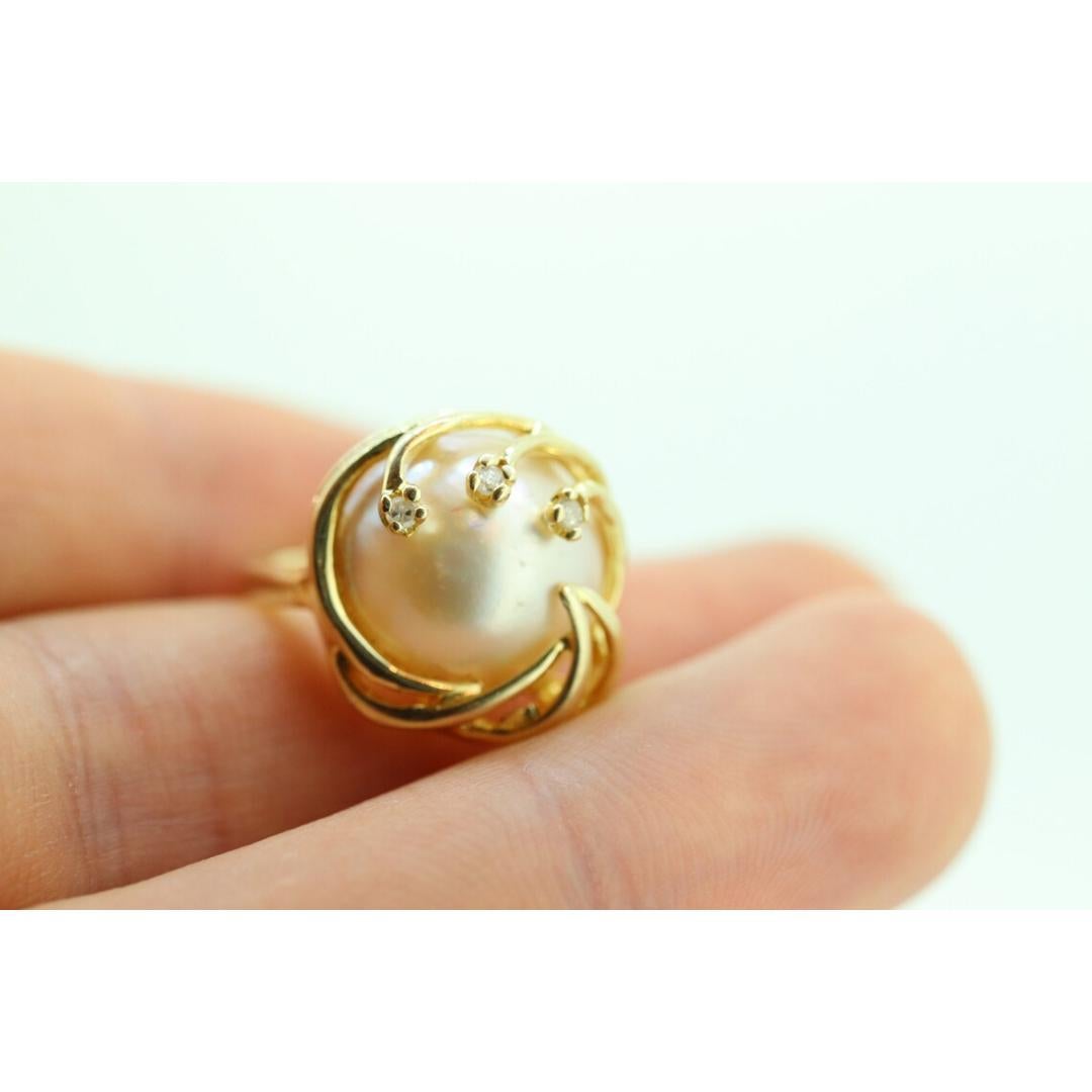 14k Großer Mabe- und Diamantring. Mabe Pearl Solitaire Ring. Mabe Große Perle 4