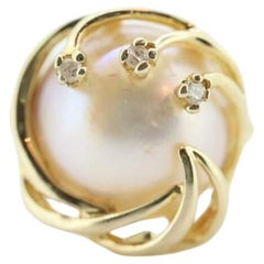 14k Großer Mabe- und Diamantring. Mabe Pearl Solitaire Ring. Mabe Große Perle