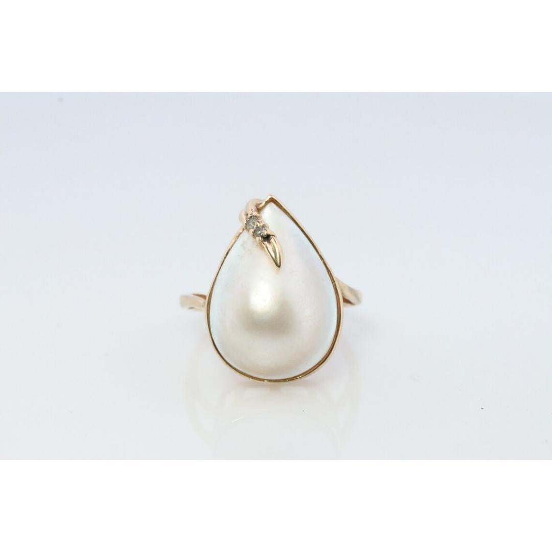 14k Großer Mabe- und Diamantring. Birne Mabe Perle Solitär Ring Diamant Akzente im Zustand „Gut“ im Angebot in Port Charlotte, FL