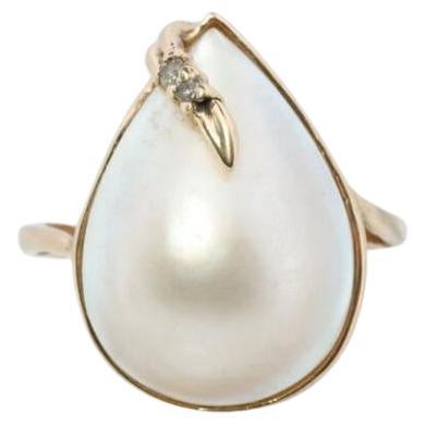 Anello grande Mabe e diamanti 14k. Anello solitario con perla Mabe Accenti di diamante
