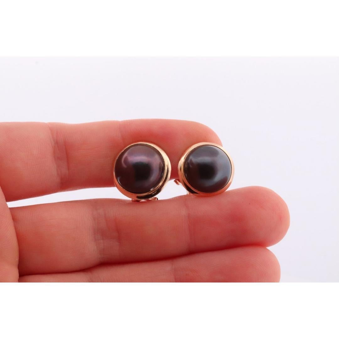 14k Large MABE Pearl Black / Blue Clip On earrings. Non Pierced Omega Back Clips For Sale 1