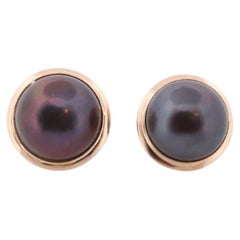 14k Large MABE Pearl Black / Blue Clip On earrings. Non Pierced Omega Back Clips