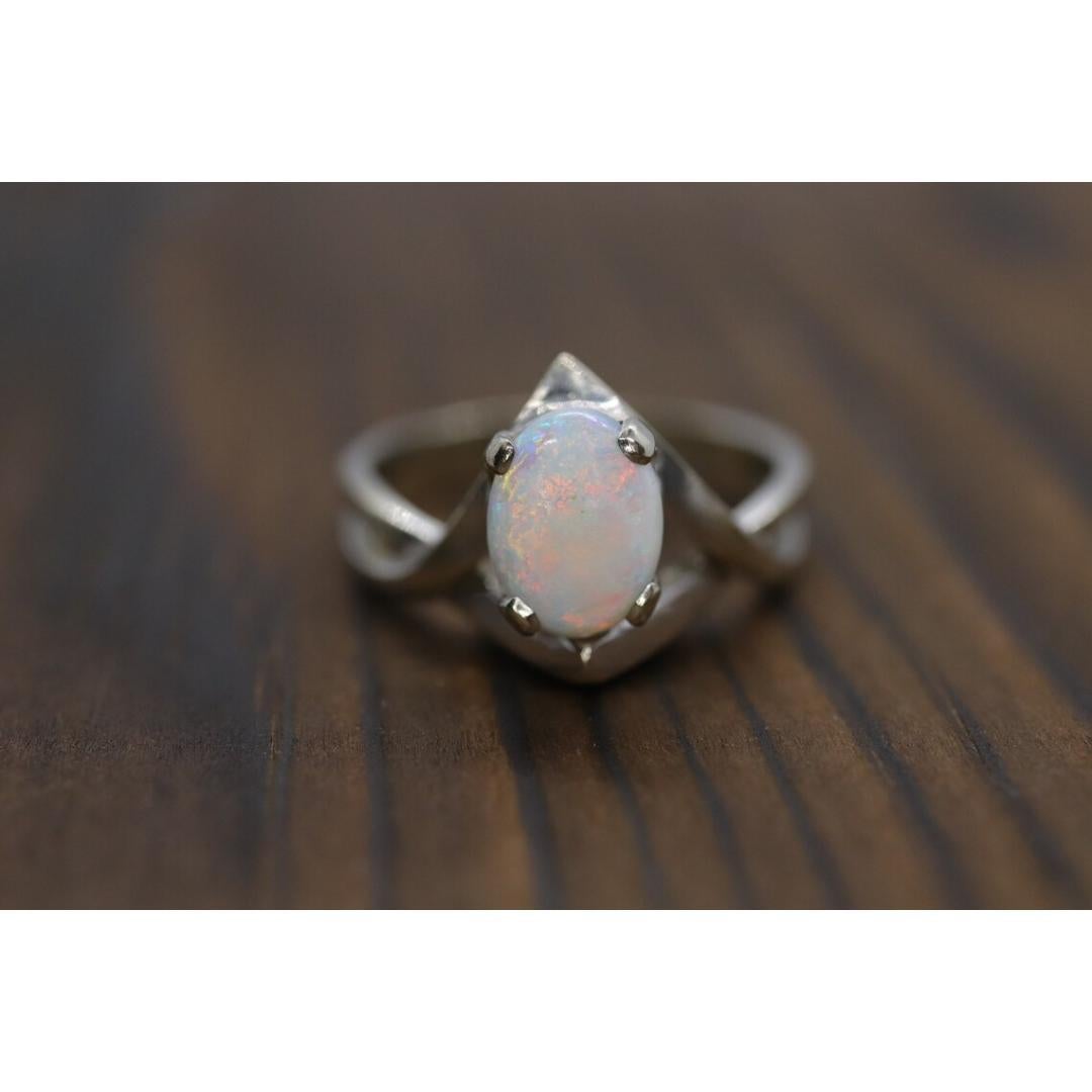 14k Large Opal Solitaire Claw set ring. Opal Bypass solitaire band. For Sale 1