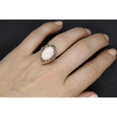 14k Large Oval Pink Angel Skin CORAL ring. NATURAL Coral Cabochon statement ring