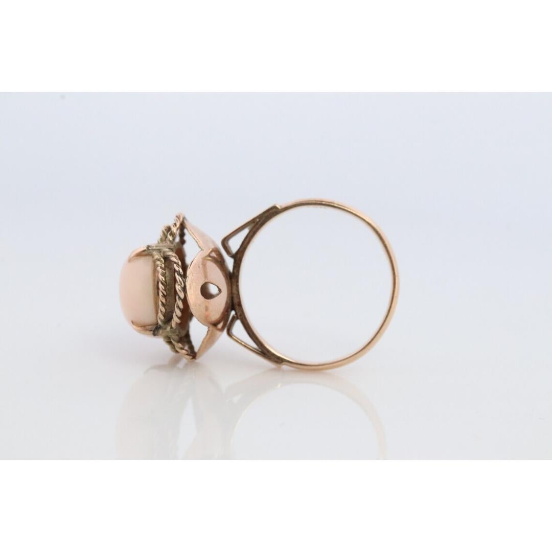 Women's 14k Large Oval Pink Angel Skin CORAL ring. NATURAL Coral Cabochon statement ring For Sale
