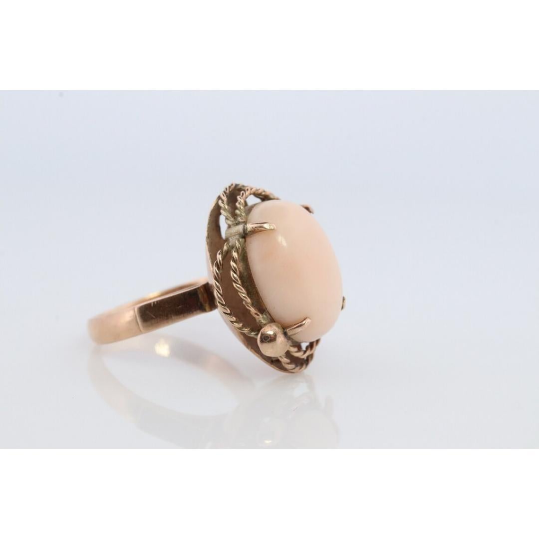 14k Large Oval Pink Angel Skin CORAL ring. NATURAL Coral Cabochon statement ring For Sale 1